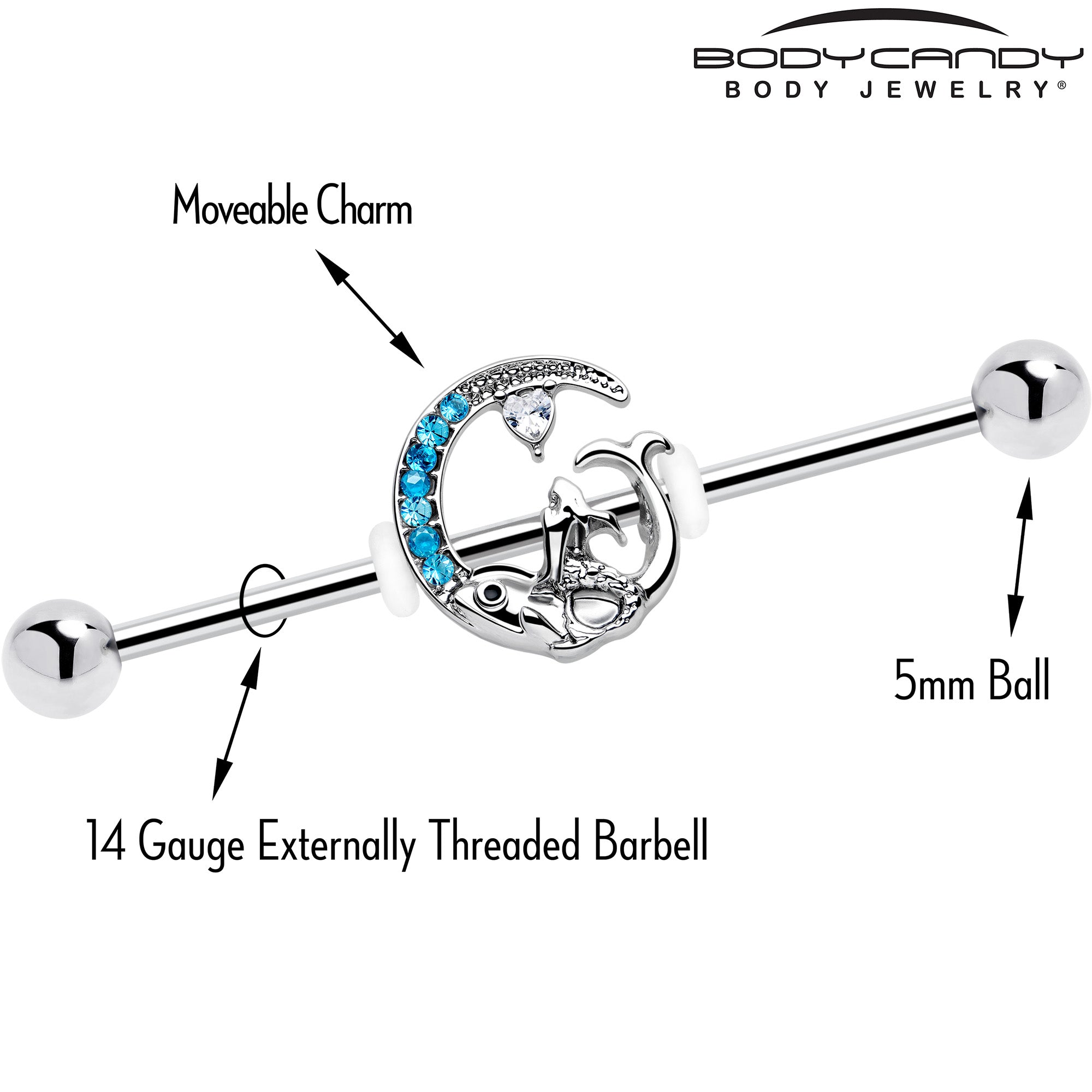 14G Blue Gem Fish of the Day Industrial Barbell 38mm