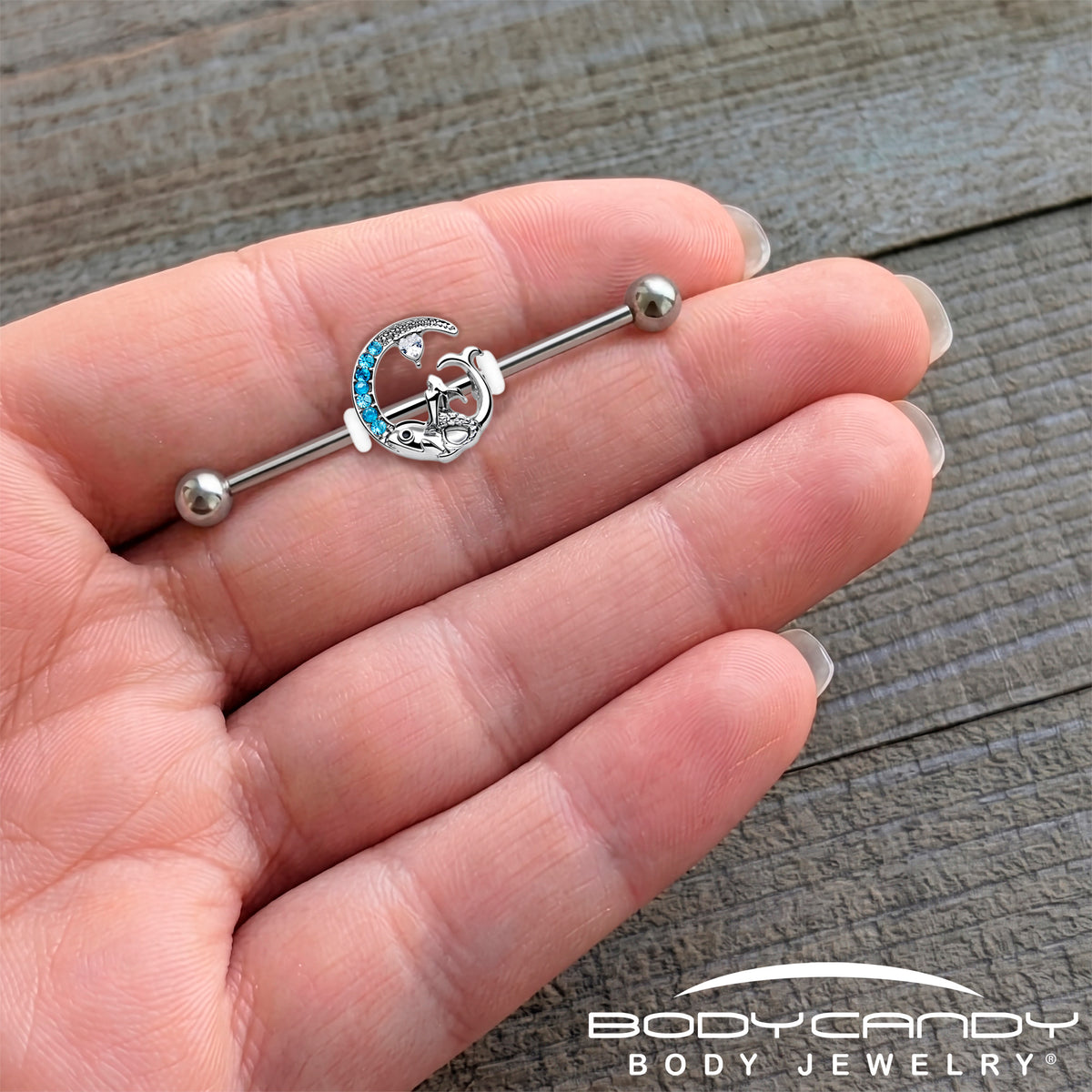 14G Blue Gem Fish of the Day Industrial Barbell 38mm