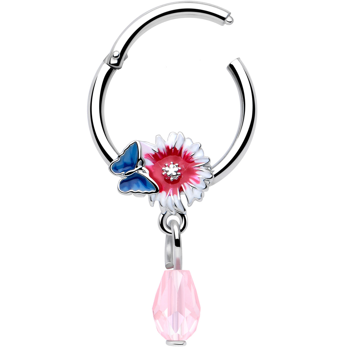 16G 3/8 Clear Gem Passion Flower Butterfly Hinged Segment Ring