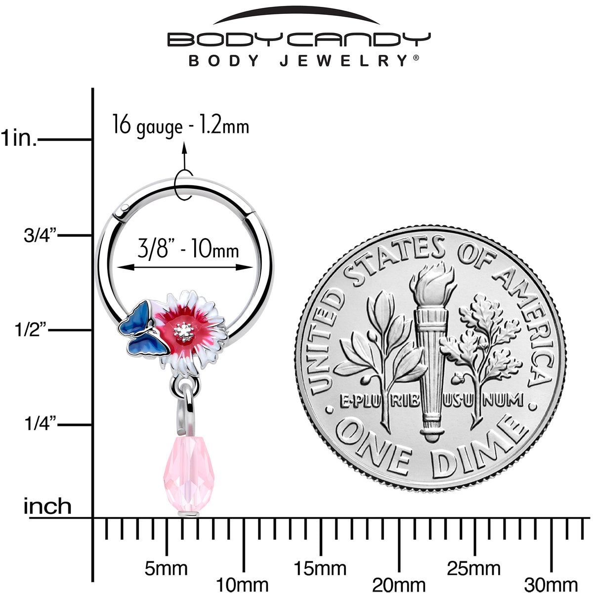 16G 3/8 Clear Gem Passion Flower Butterfly Hinged Segment Ring