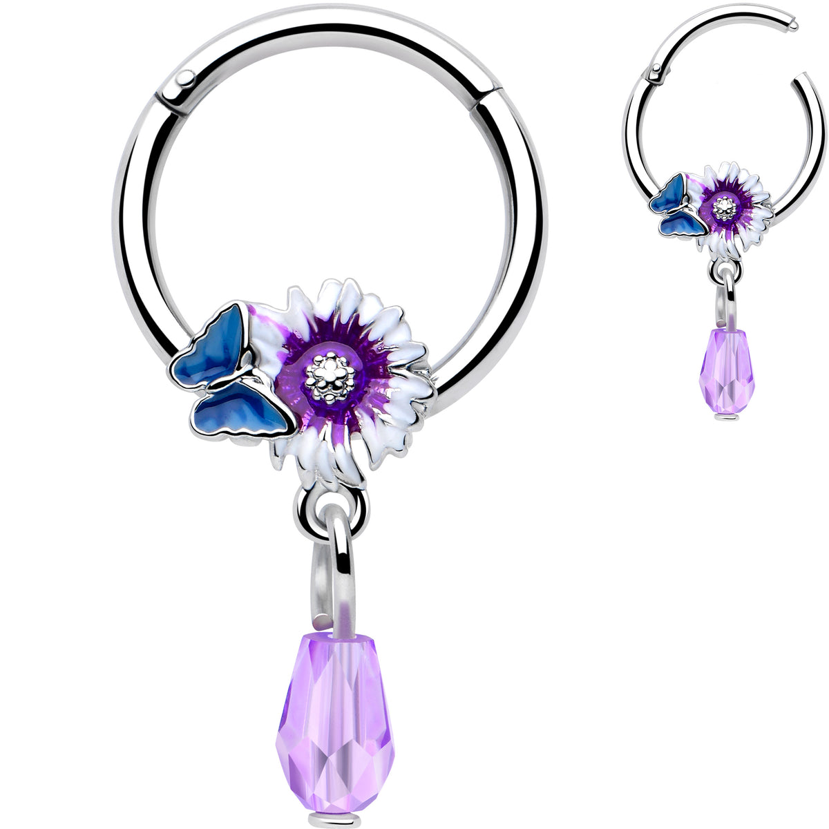 16G 3/8 Purple Gem Passion Flower Butterfly Hinged Segment Ring