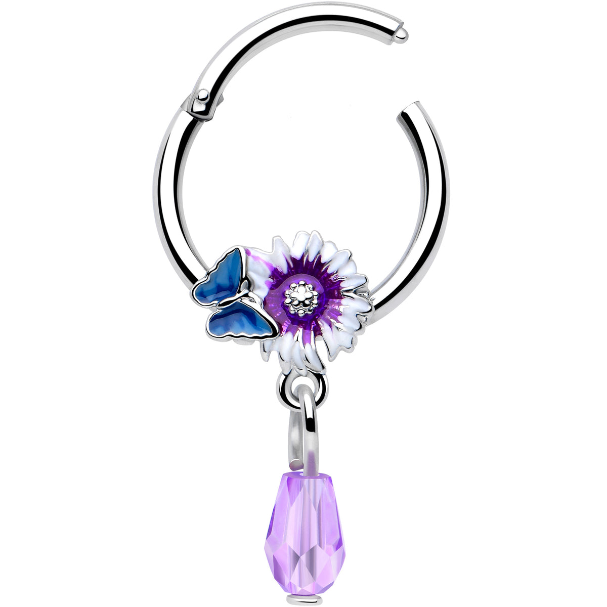 16G 3/8 Purple Gem Passion Flower Butterfly Hinged Segment Ring