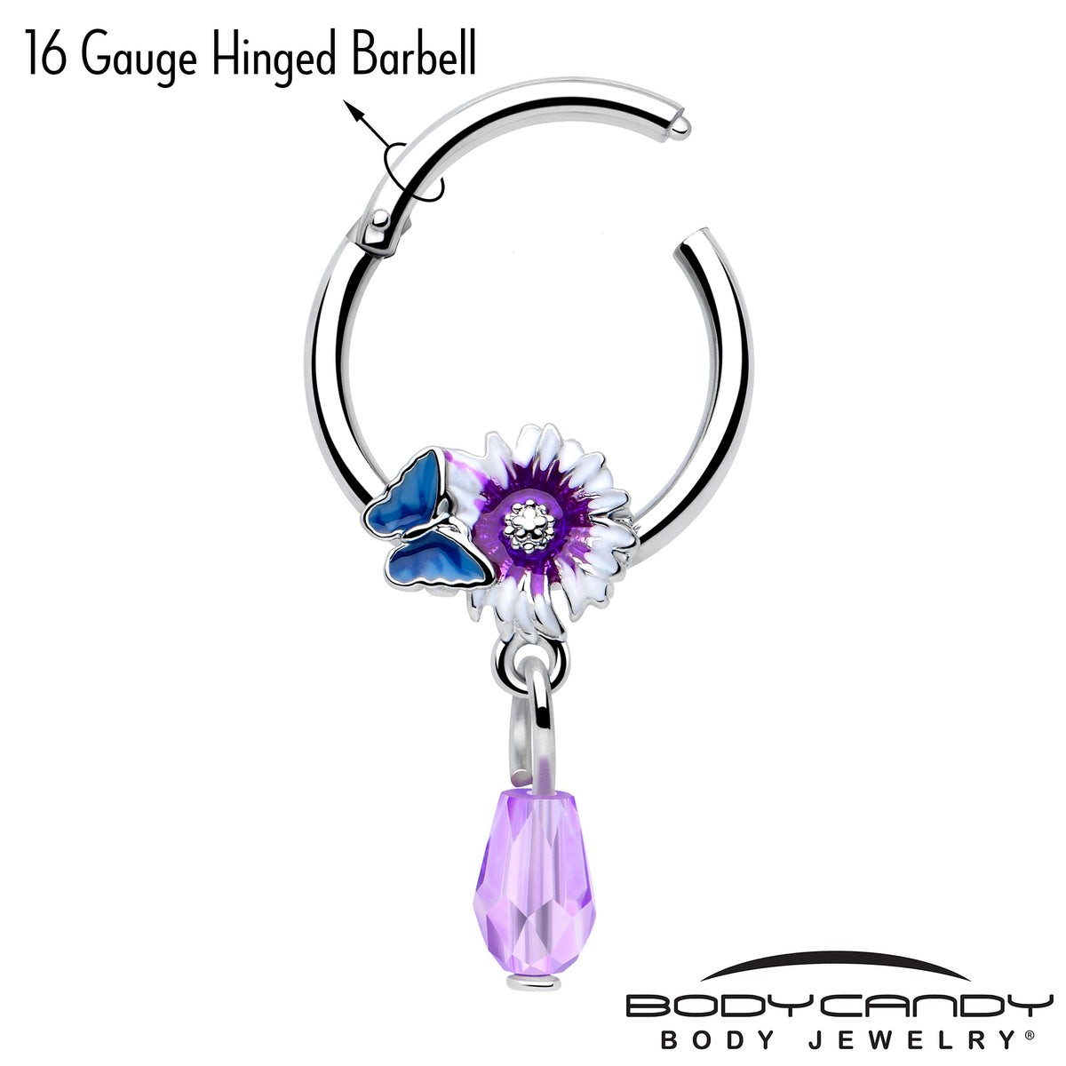 16G 3/8 Purple Gem Passion Flower Butterfly Hinged Segment Ring