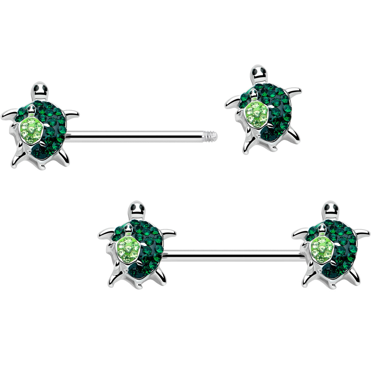 14G 9/16 Green Gem Turtle World Barbell Nipple Ring Set