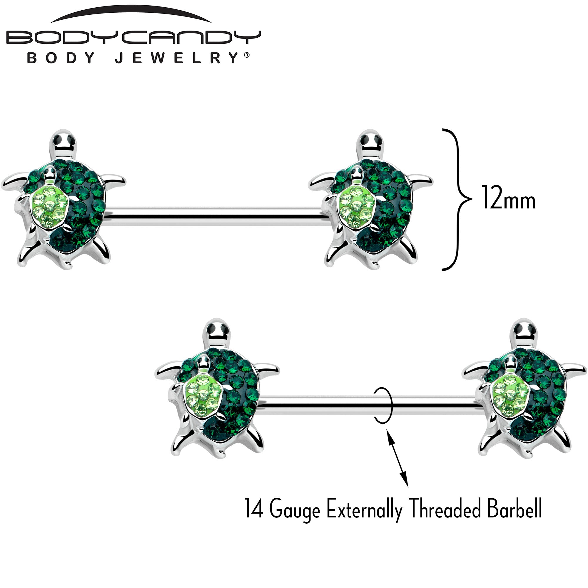 14G 9/16 Green Gem Turtle World Barbell Nipple Ring Set
