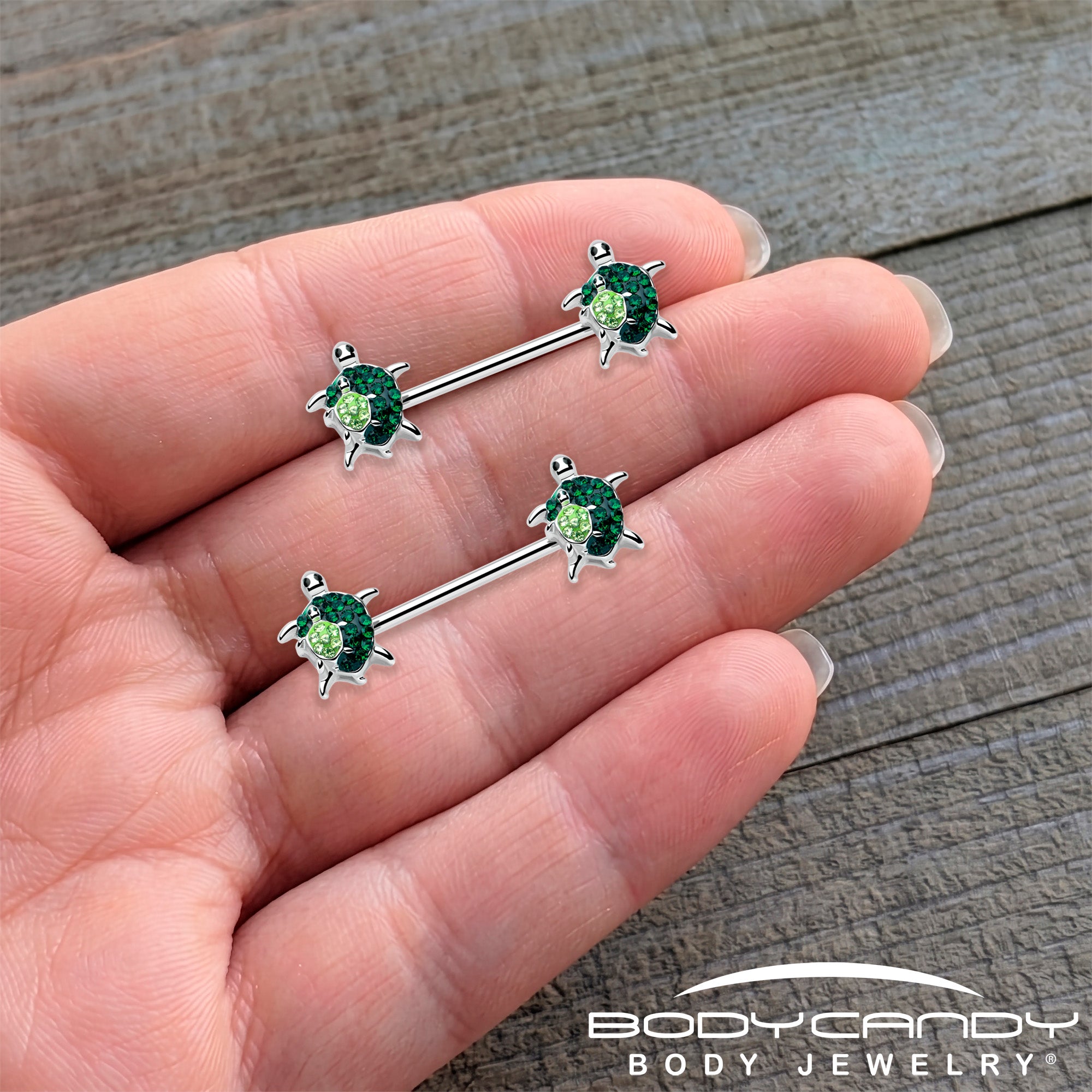 14G 9/16 Green Gem Turtle World Barbell Nipple Ring Set