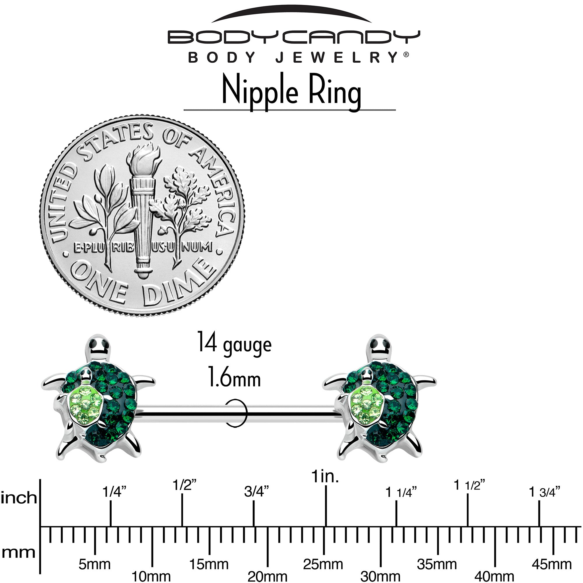14G 9/16 Green Gem Turtle World Barbell Nipple Ring Set