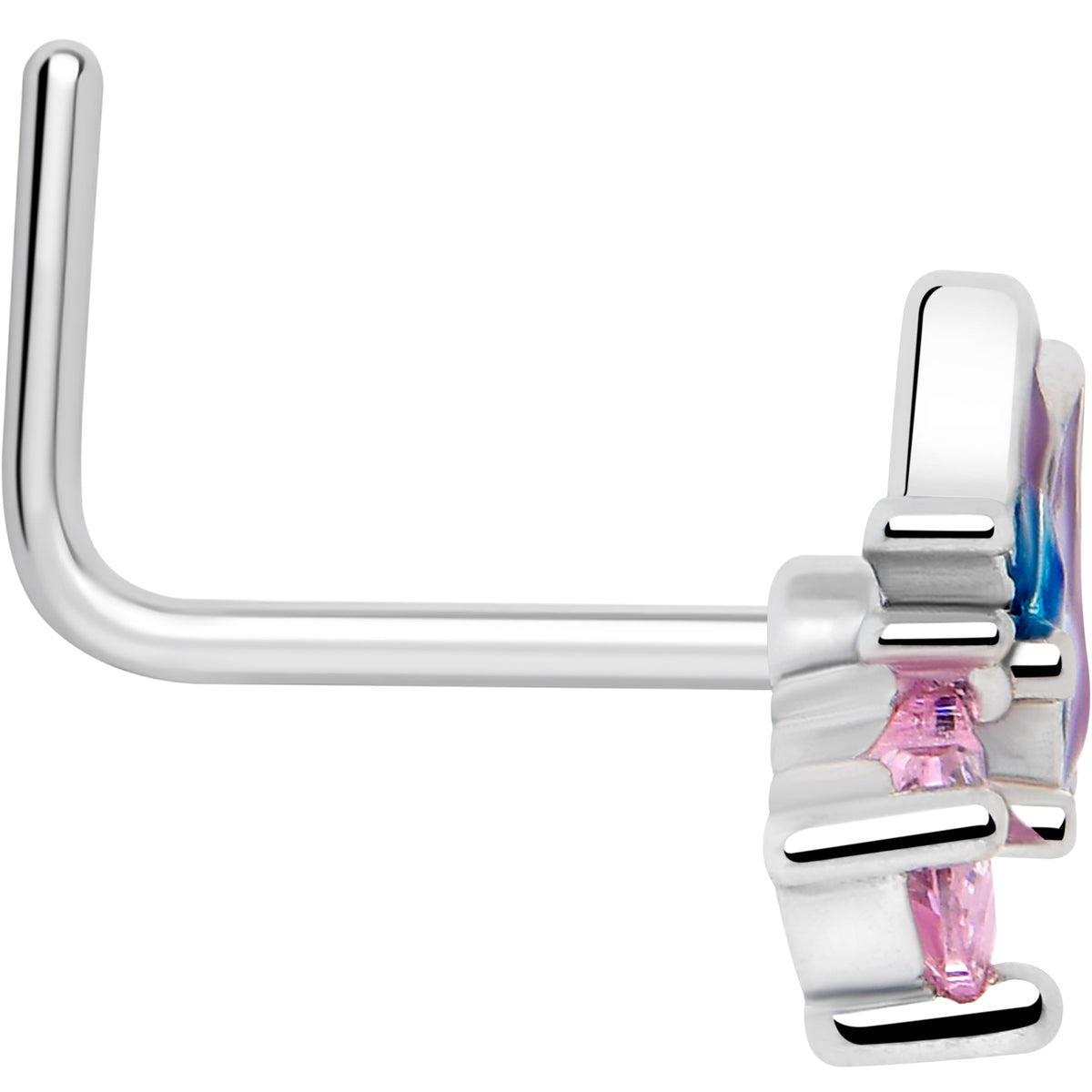 20G 1/4 Pink CZ Gem Heart Butterfly L Shape Nose Ring