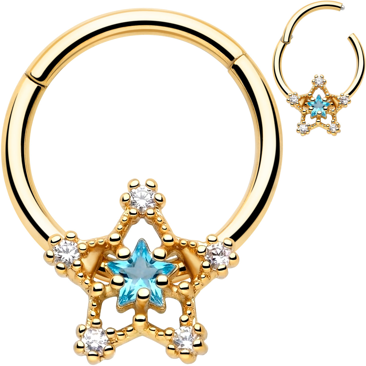 16G 3/8 Blue Clear Gem Gold Tone Starry Glam Hinged Segment Ring
