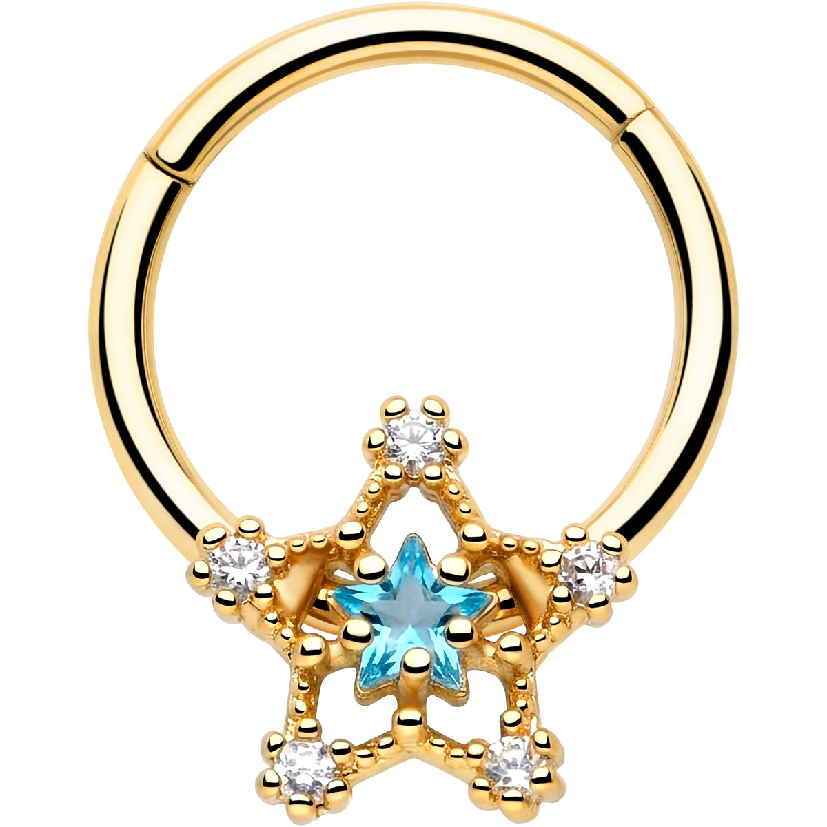 16G 3/8 Blue Clear Gem Gold Tone Starry Glam Hinged Segment Ring