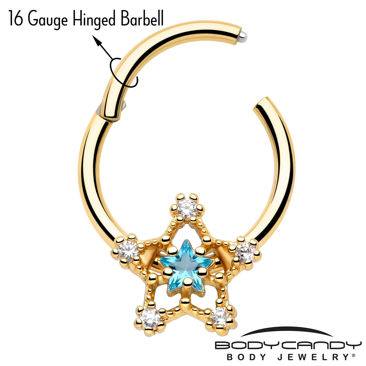 16G 3/8 Blue Clear Gem Gold Tone Starry Glam Hinged Segment Ring