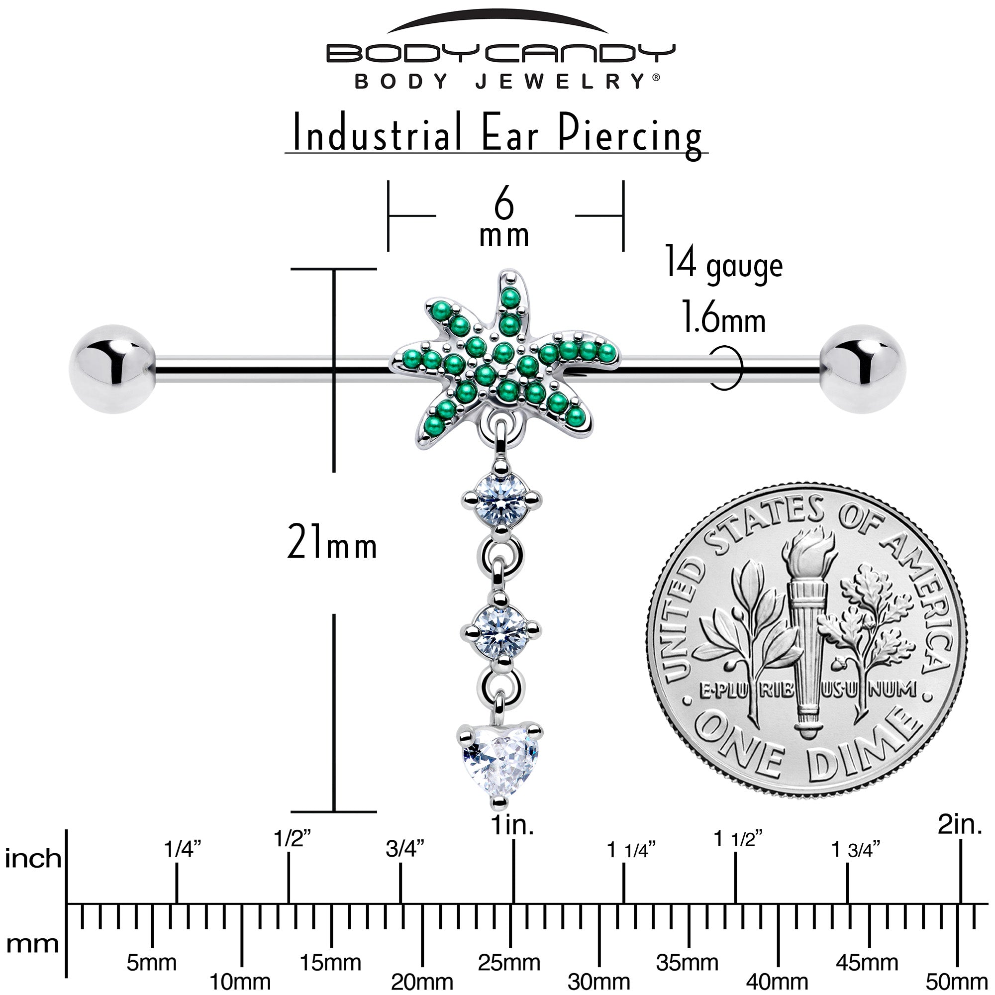 14G Clear Gem Palm Tree Love Dangle Industrial Barbell 38mm