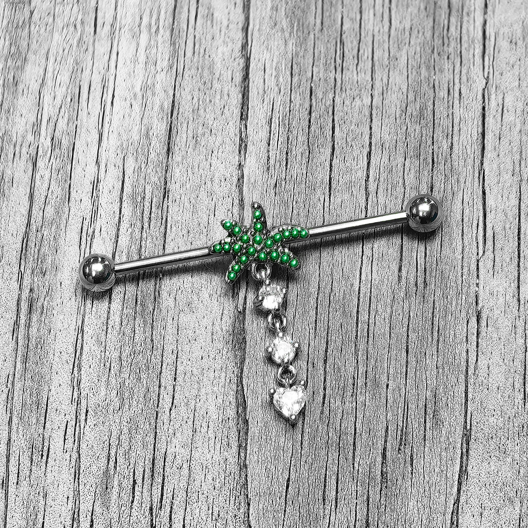 14G Clear Gem Palm Tree Love Dangle Industrial Barbell 38mm