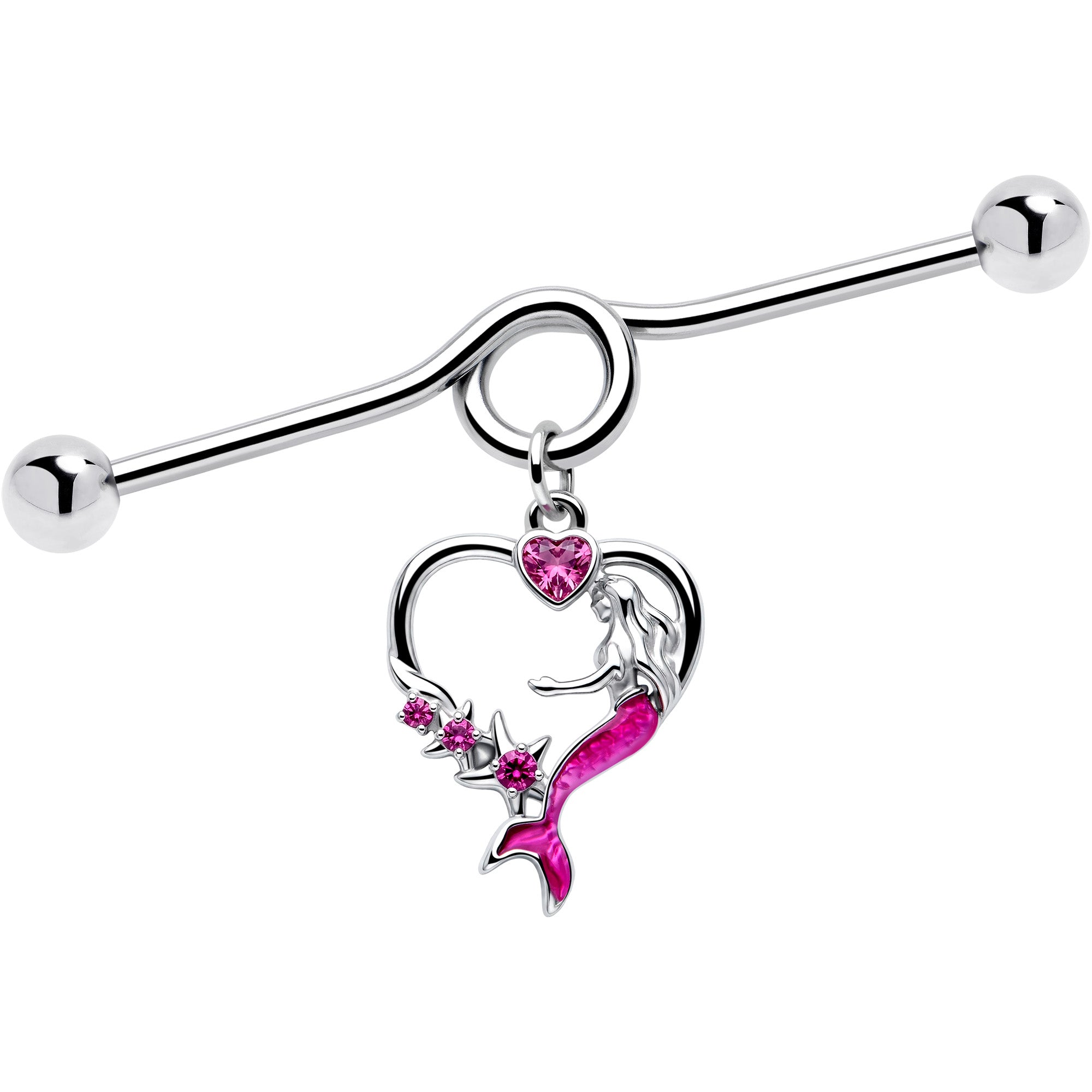 14G Pink Gem Mermaid Tail Stars Dangle Project Bar 38mm