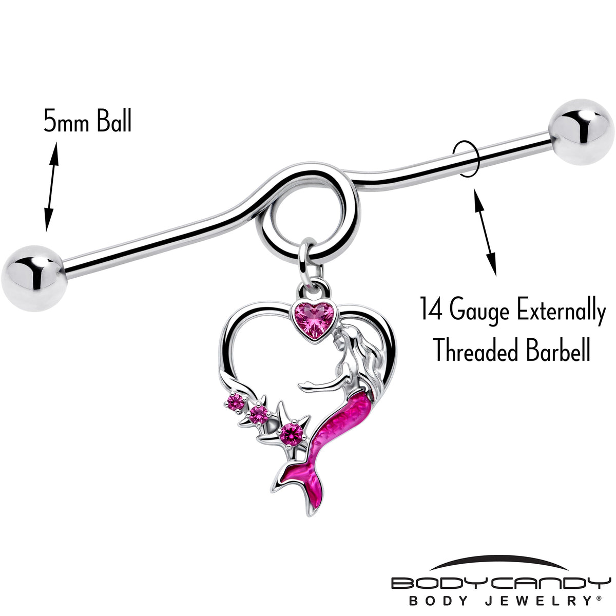14G Pink Gem Mermaid Tail Stars Dangle Project Bar 38mm