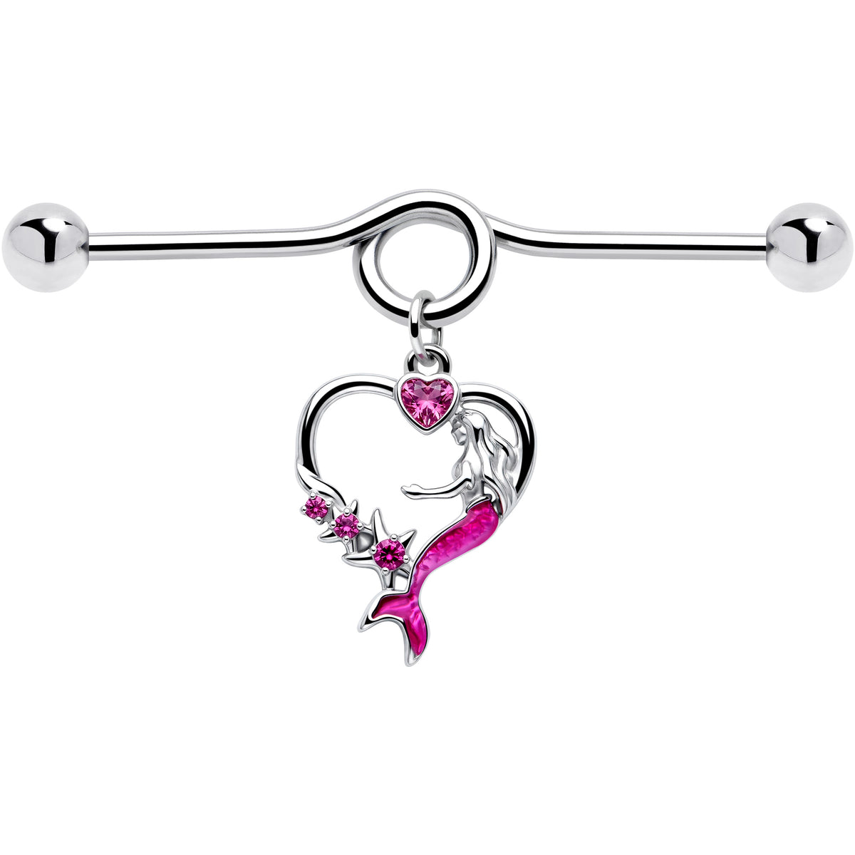 14G Pink Gem Mermaid Tail Stars Dangle Project Bar 38mm