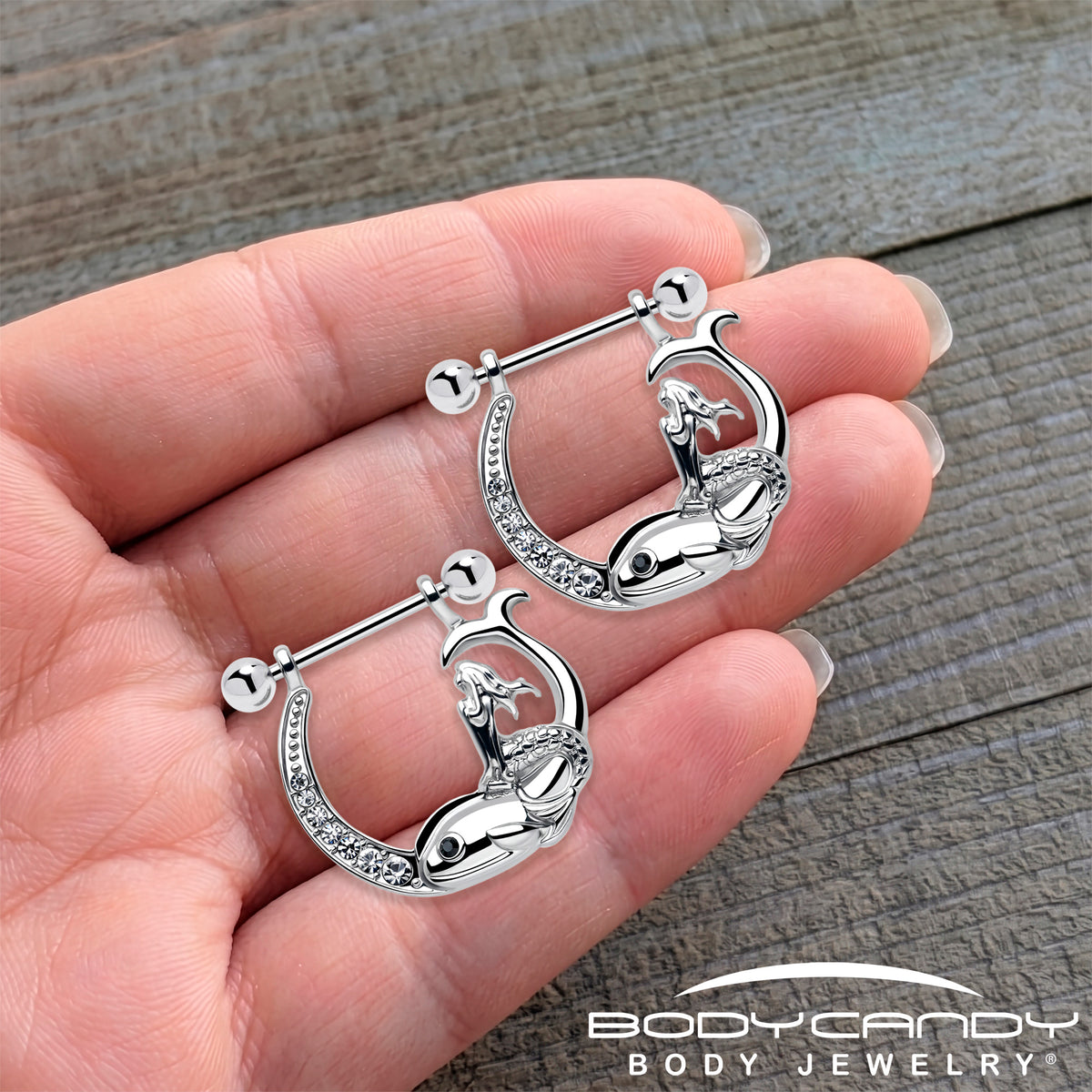 14G 9/16 Clear Black Gem Riding Mermaid Dangle Nipple Ring Set