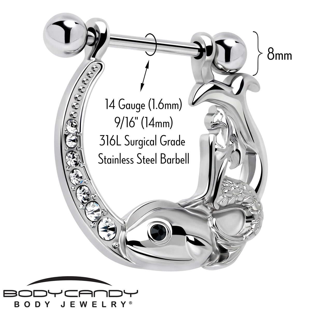 14G 9/16 Clear Black Gem Riding Mermaid Dangle Nipple Ring Set
