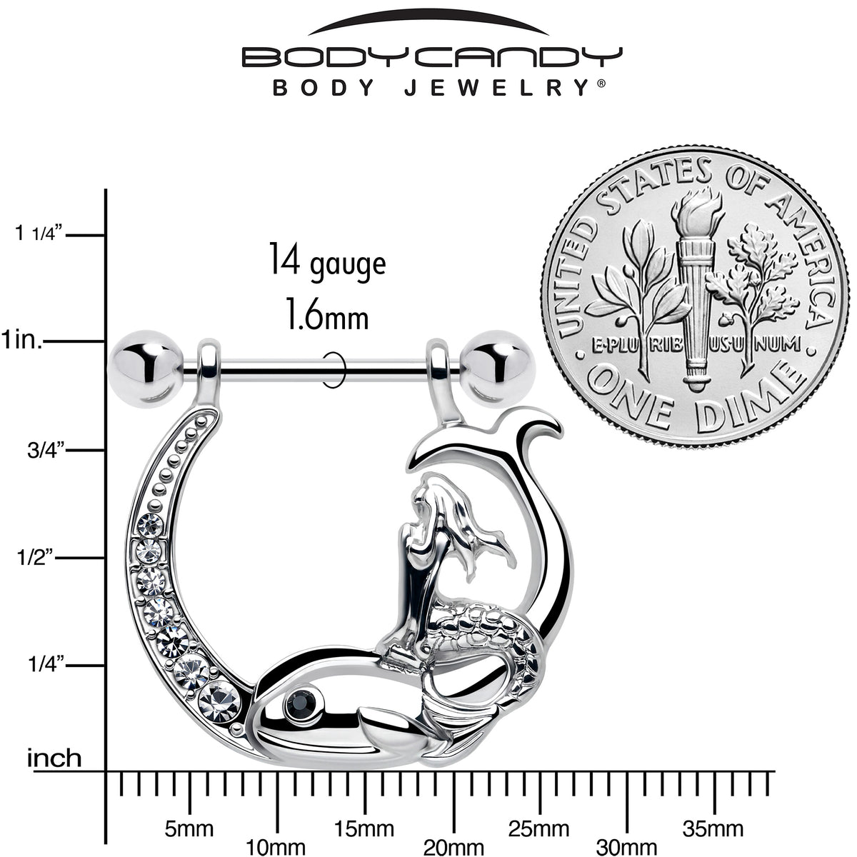 14G 9/16 Clear Black Gem Riding Mermaid Dangle Nipple Ring Set