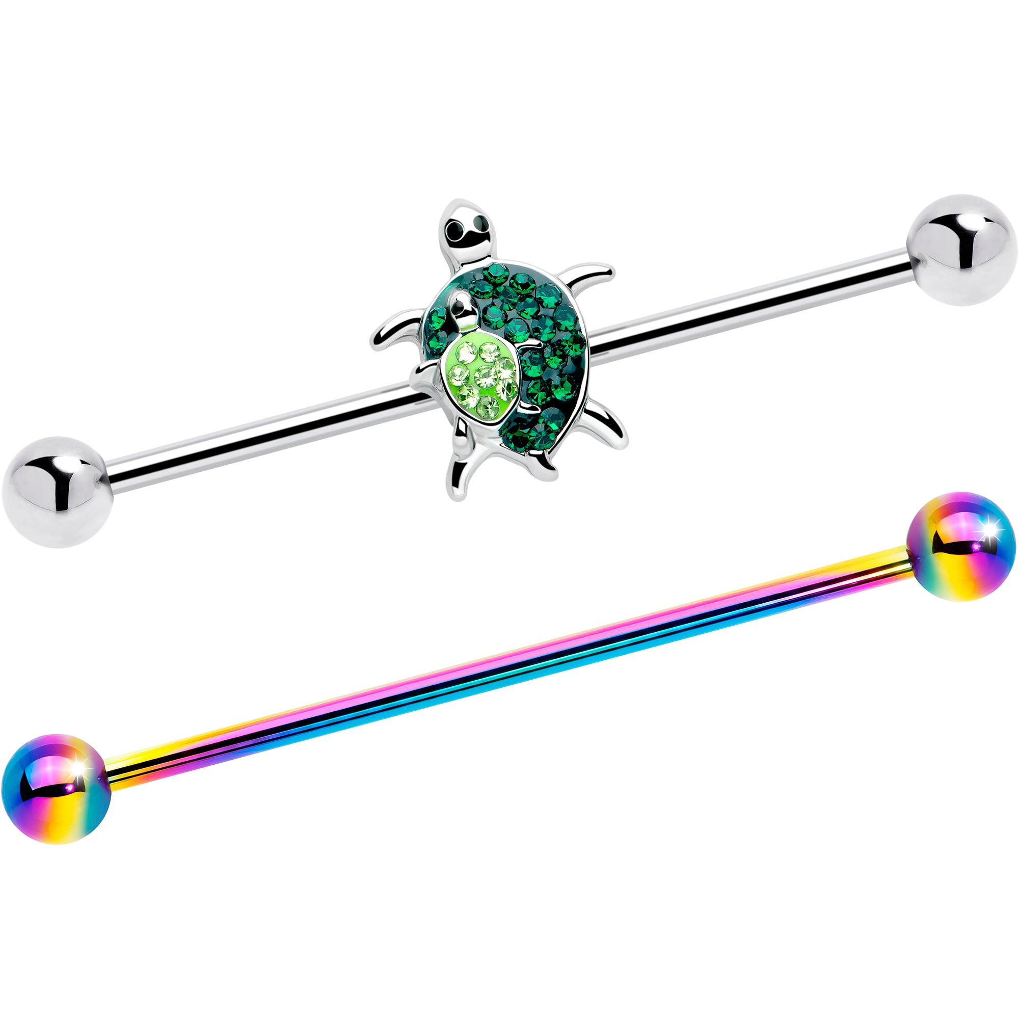 14G Green Gem Rainbow Turtle World Industrial Barbell 38mm Set of 2