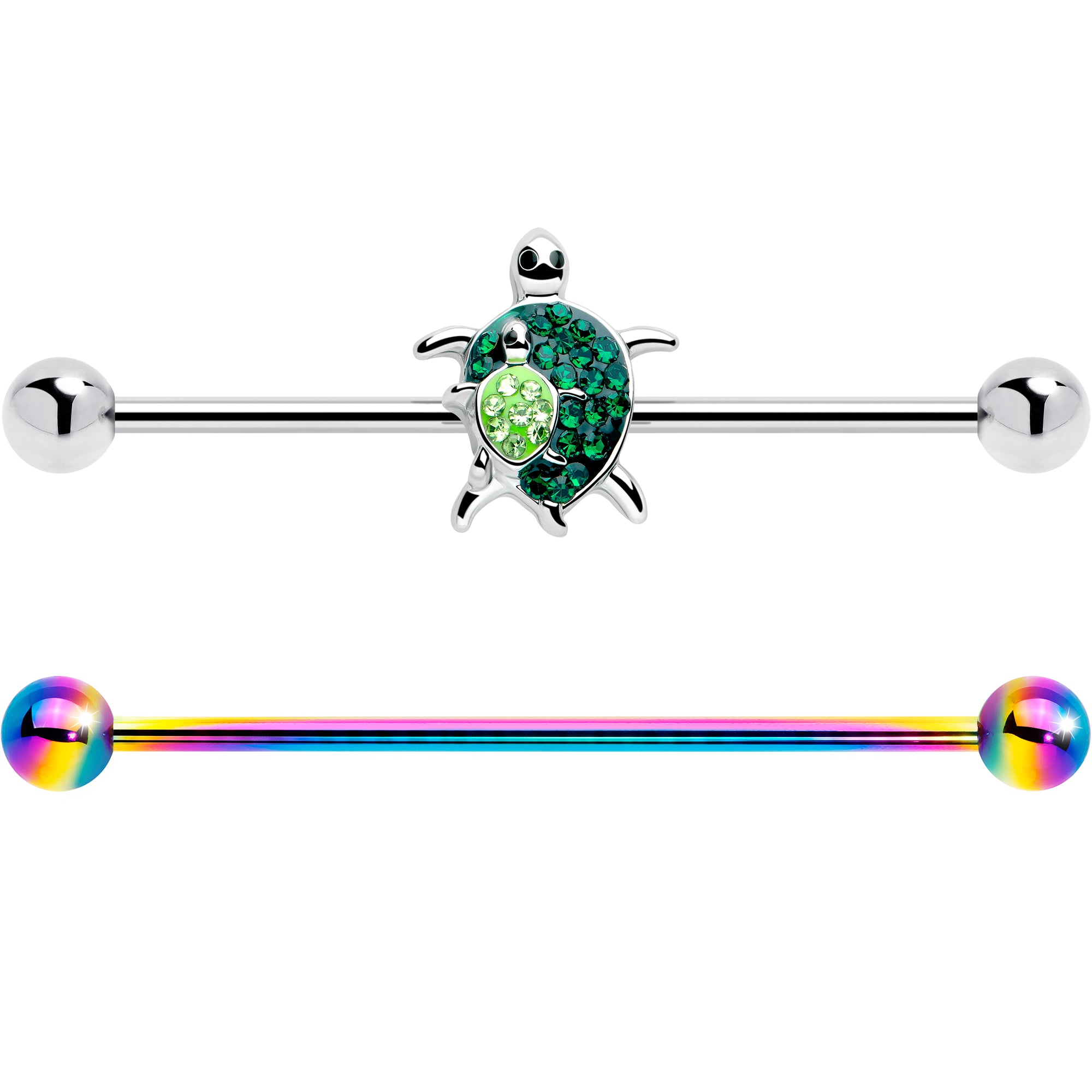 14G Green Gem Rainbow Turtle World Industrial Barbell 38mm Set of 2
