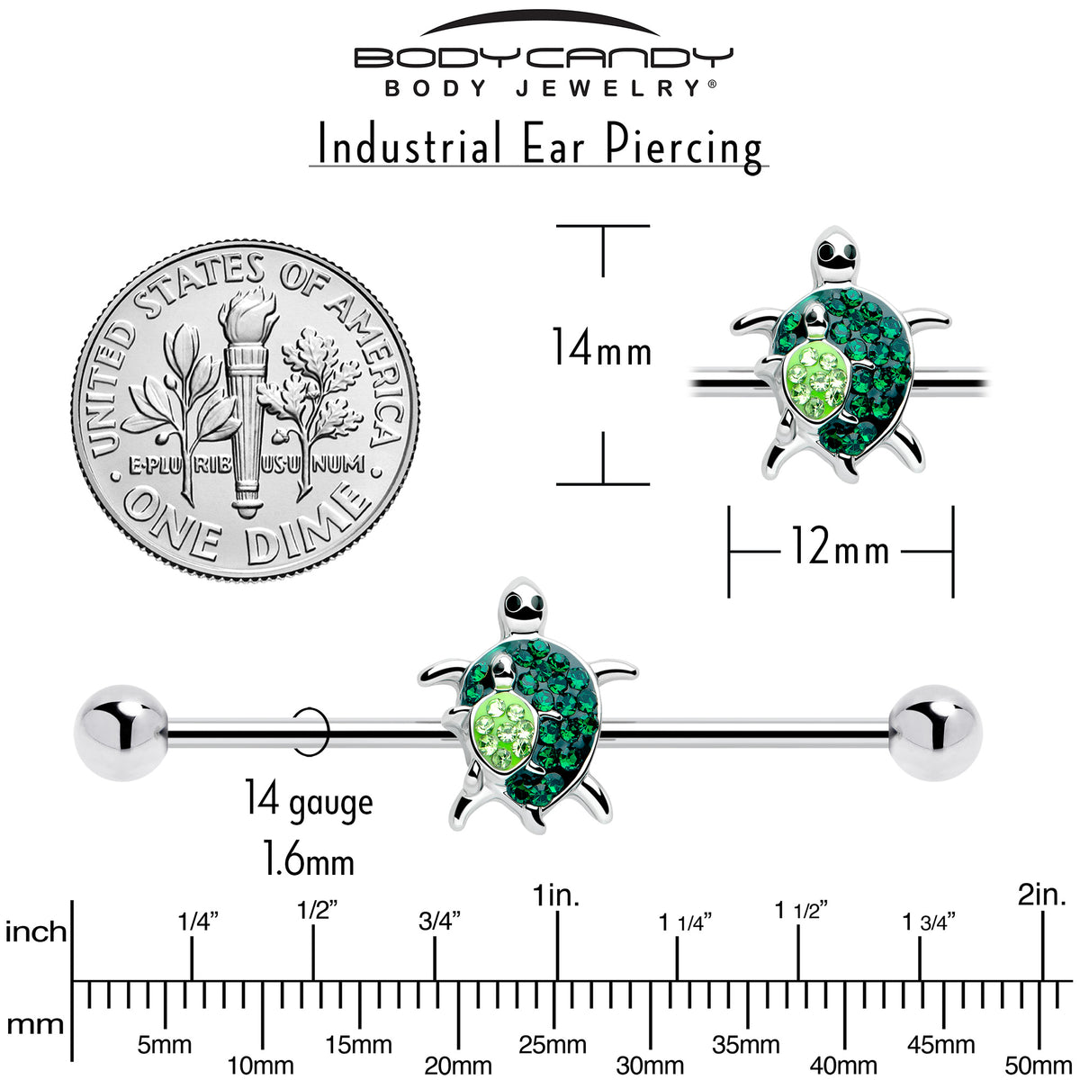 14G Green Gem Rainbow Turtle World Industrial Barbell 38mm Set of 2