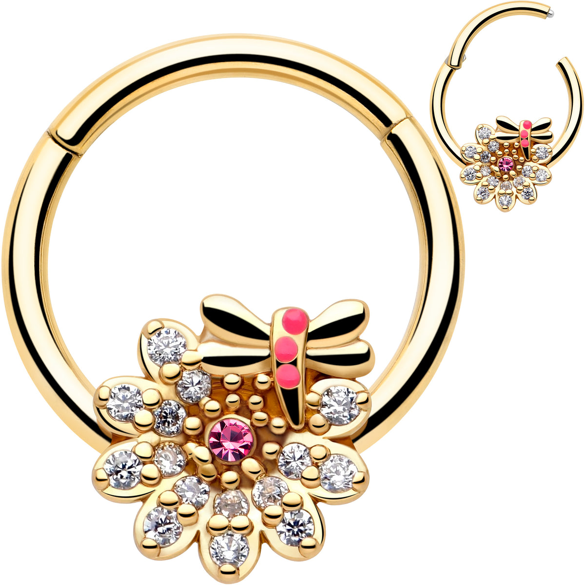 16G 3/8 Pink Gem Gold Tone Dragonfly Drama Hinged Segment Ring