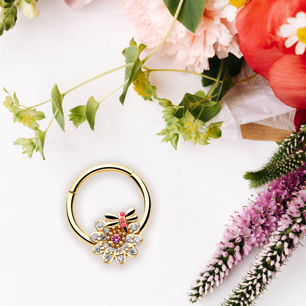 16G 3/8 Clear Pink Gem Gold Tone Flower Bug Hinged Segment Ring