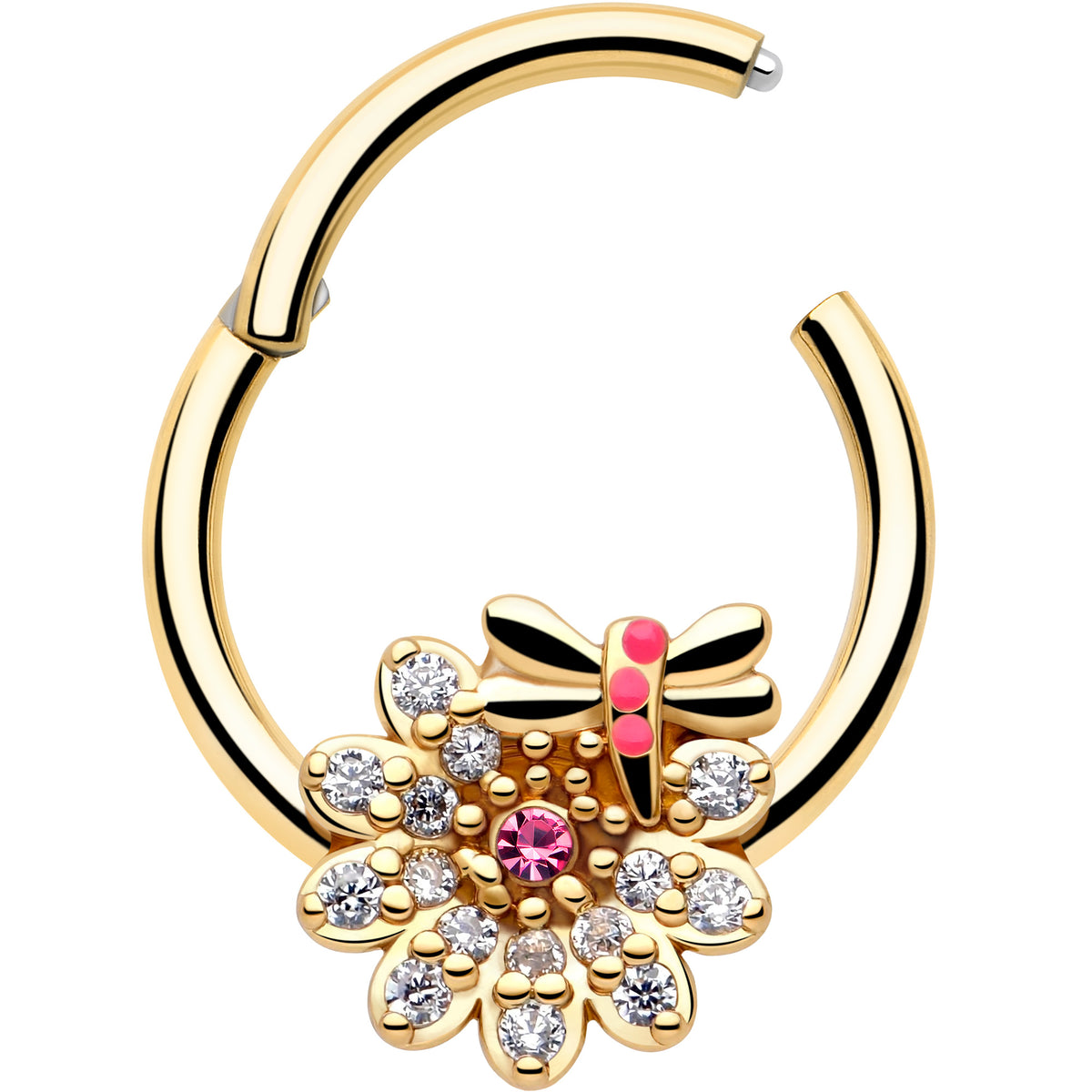 16G 3/8 Pink Gem Gold Tone Dragonfly Drama Hinged Segment Ring