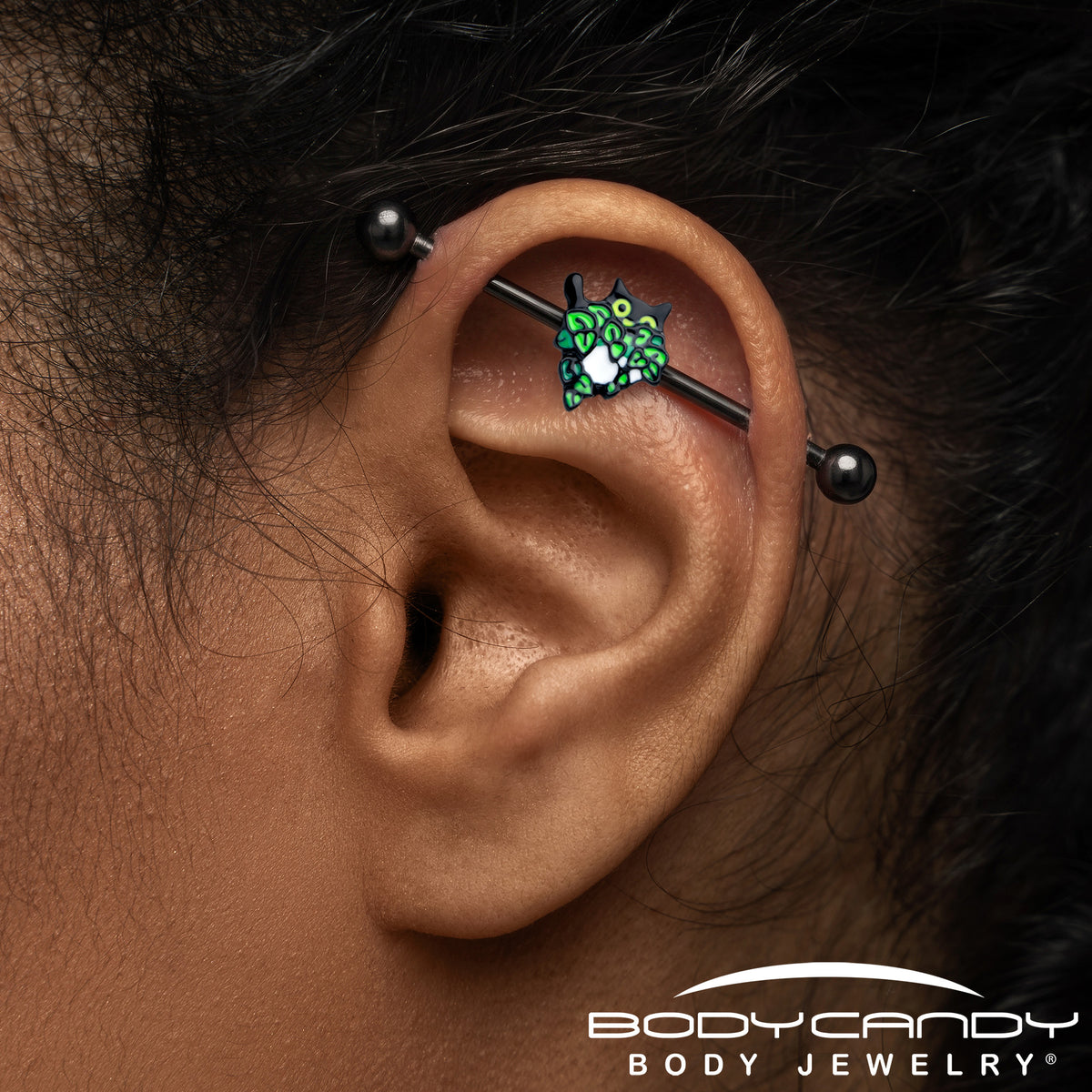 14G Black Pouncing Cat Industrial Barbell 38mm