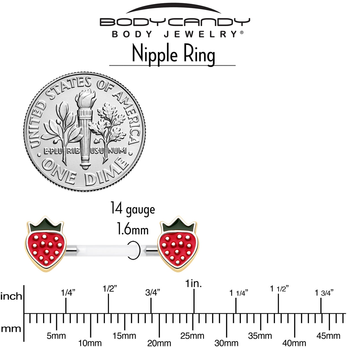 14G 9/16 Bioplast Delicious Strawberry Barbell Nipple Ring Set