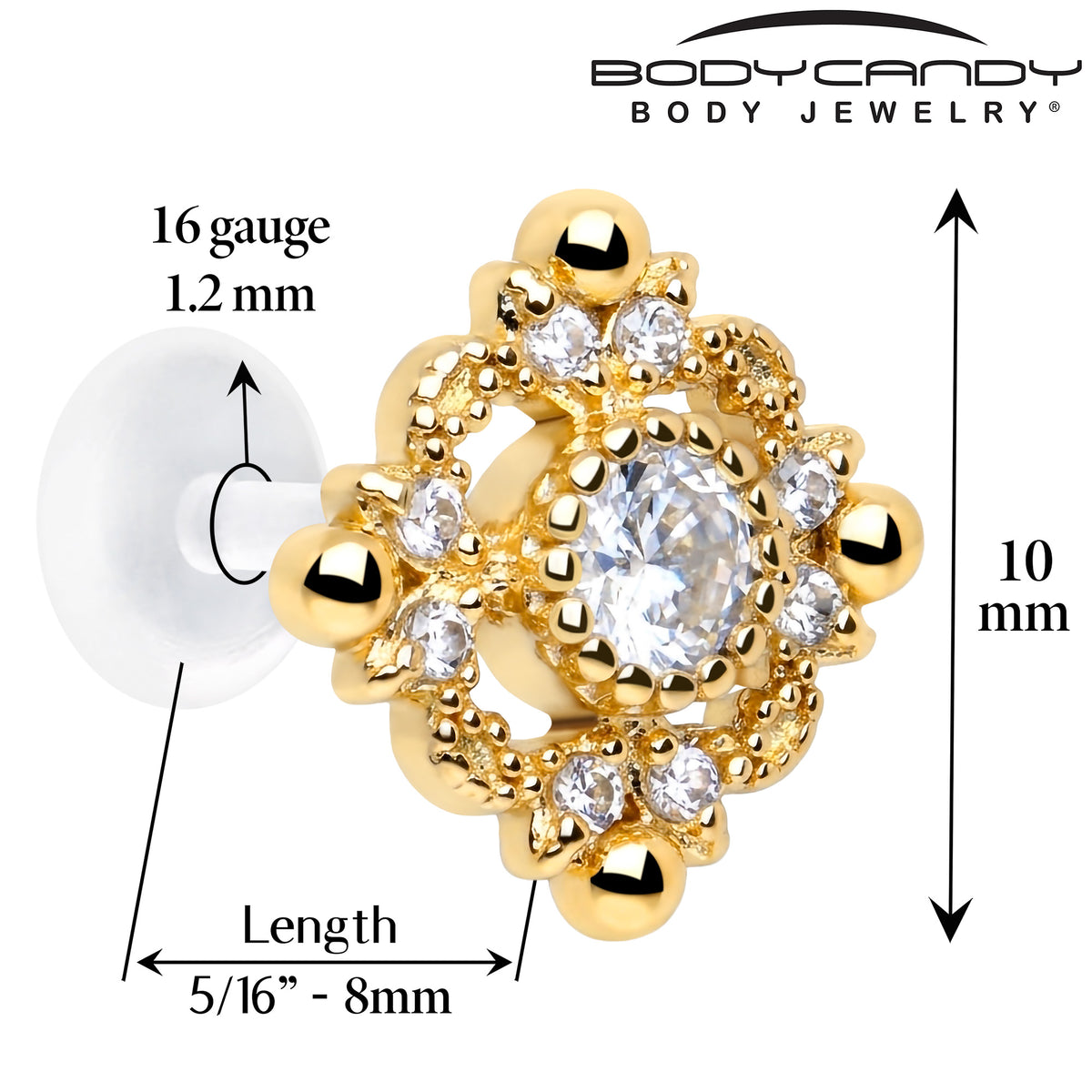 16G 5/16 Clear Gem Classic Cross PTFE Bioplast Labret Monroe Tragus