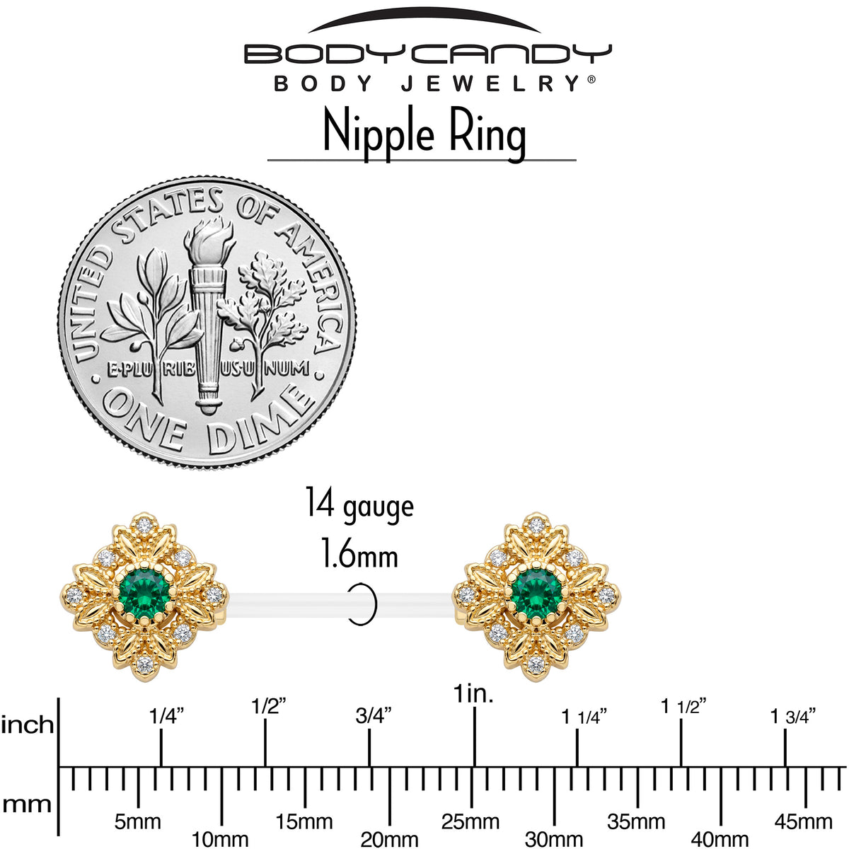 14G 9/16 Gem Bioplast Deco Age Barbell Nipple Ring Set