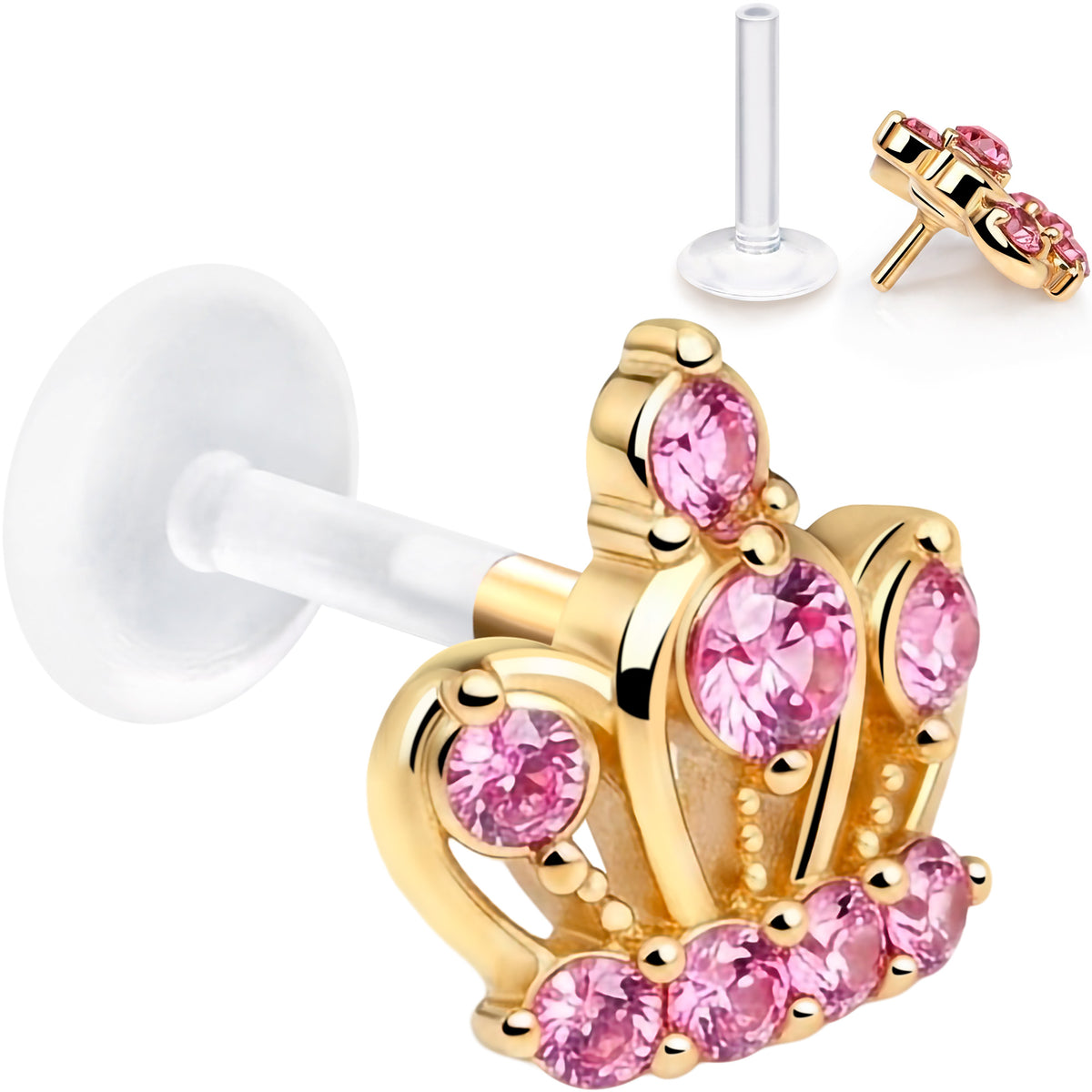 16G 5/16 Pink Gem Epic Crown PTFE Bioplast Labret Monroe Tragus
