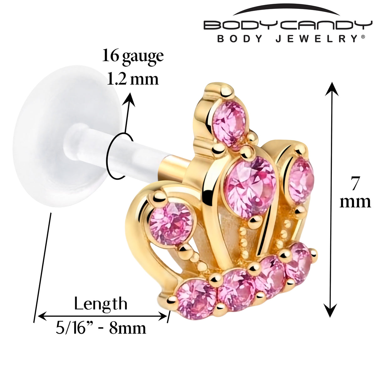 16G 5/16 Pink Gem Epic Crown PTFE Bioplast Labret Monroe Tragus