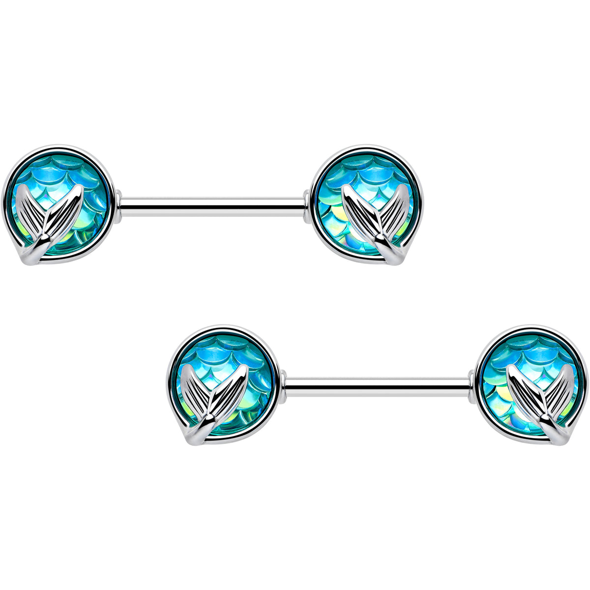14G 9/16 Mermaid Blue Scale Tail Barbell Nipple Ring Set