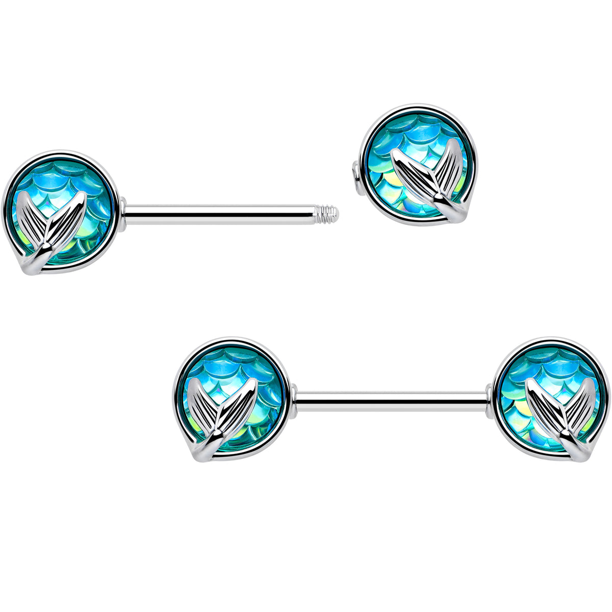 14G 9/16 Mermaid Blue Scale Tail Barbell Nipple Ring Set