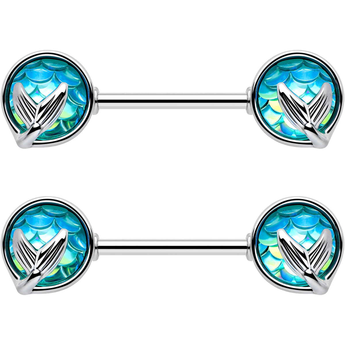 14G 9/16 Mermaid Blue Scale Tail Barbell Nipple Ring Set