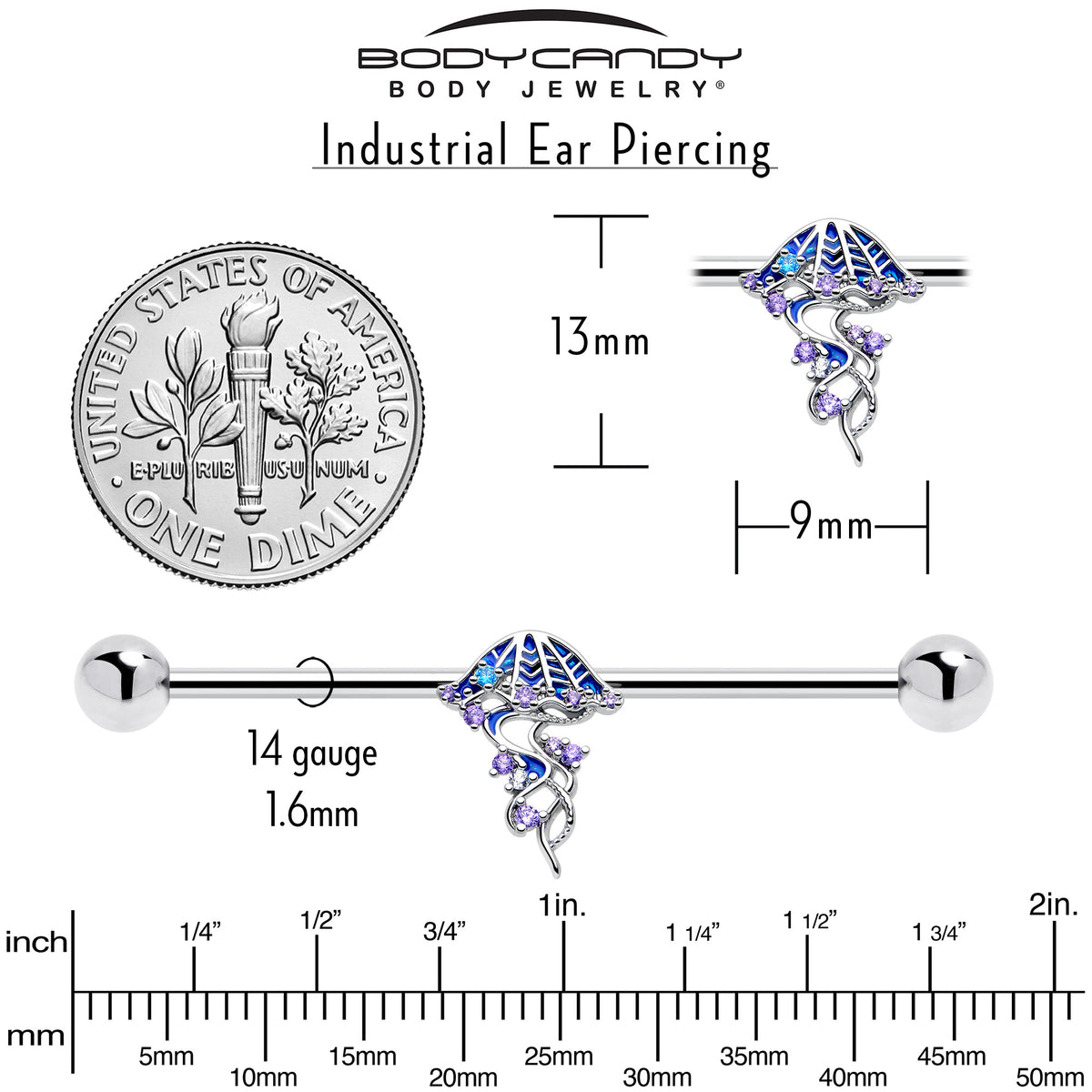 14G Clear Blue CZ Gem Jellyfish Blue Industrial Barbell 38mm