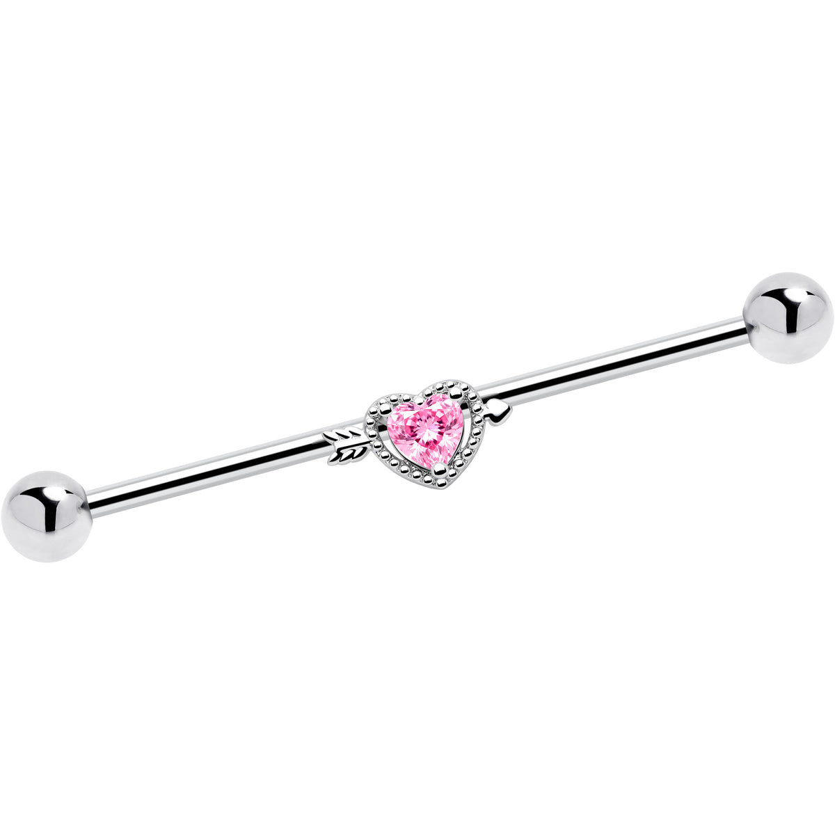 14G Pink Clear CZ Gem Fusion Of Love Heart Industrial Barbell 38mm