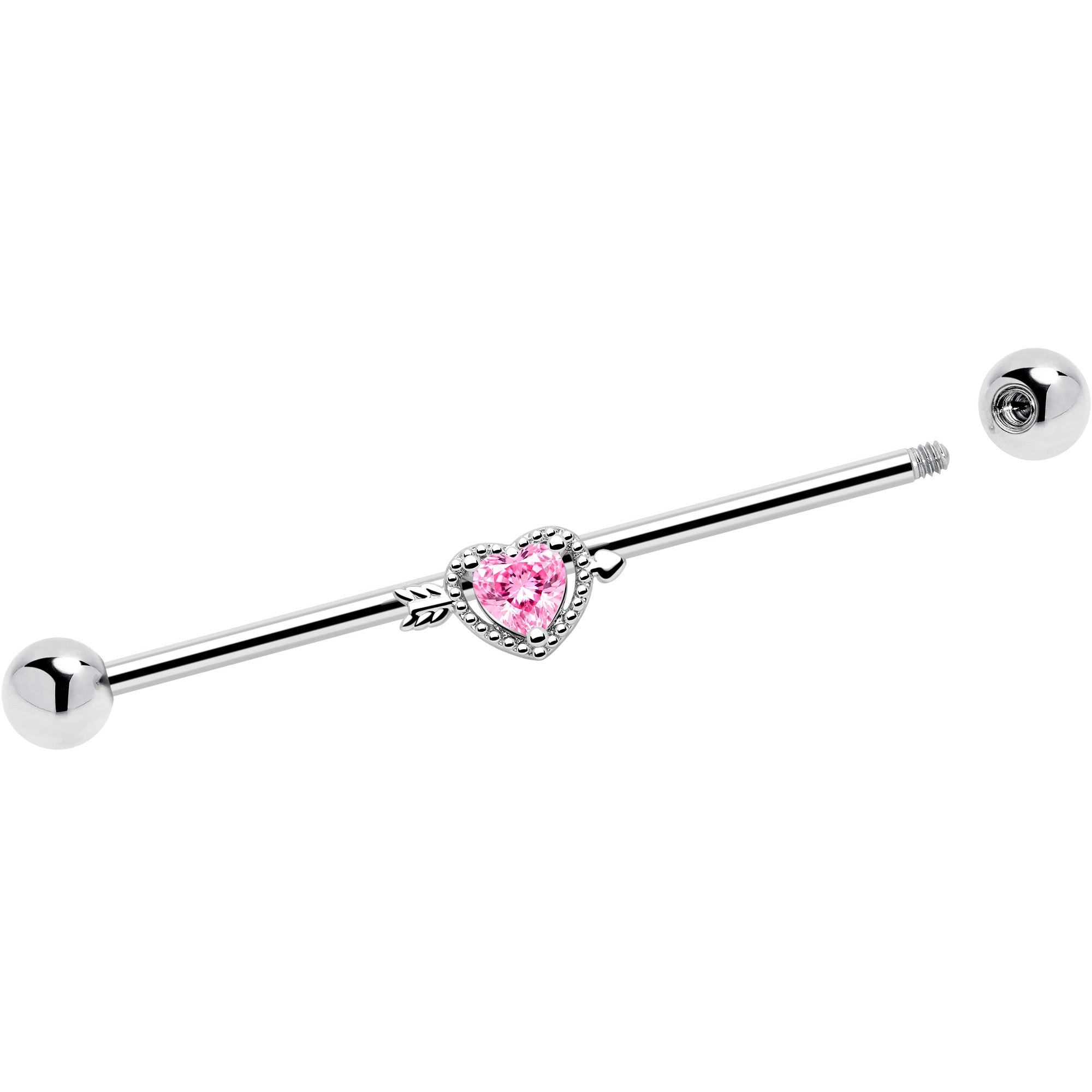 14G Pink Clear CZ Gem Fusion Of Love Heart Industrial Barbell 38mm