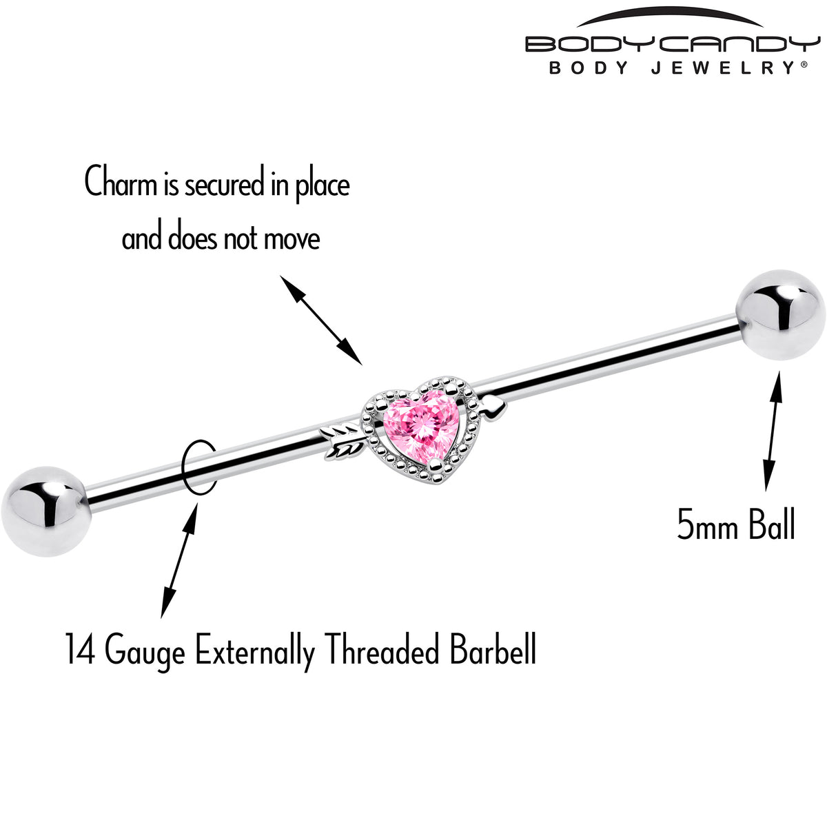 14G Pink Clear CZ Gem Fusion Of Love Heart Industrial Barbell 38mm