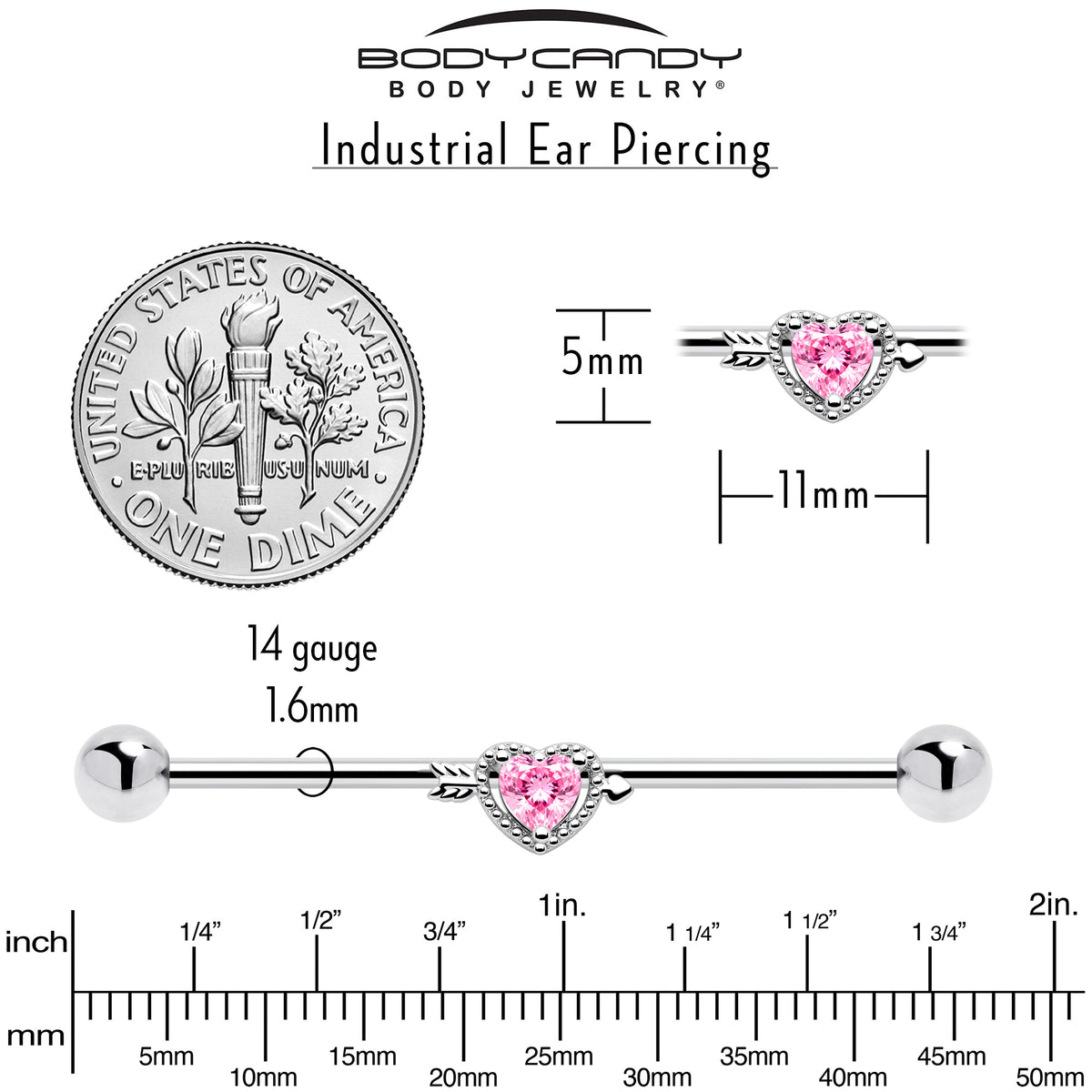 14G Pink Clear CZ Gem Fusion Of Love Heart Industrial Barbell 38mm