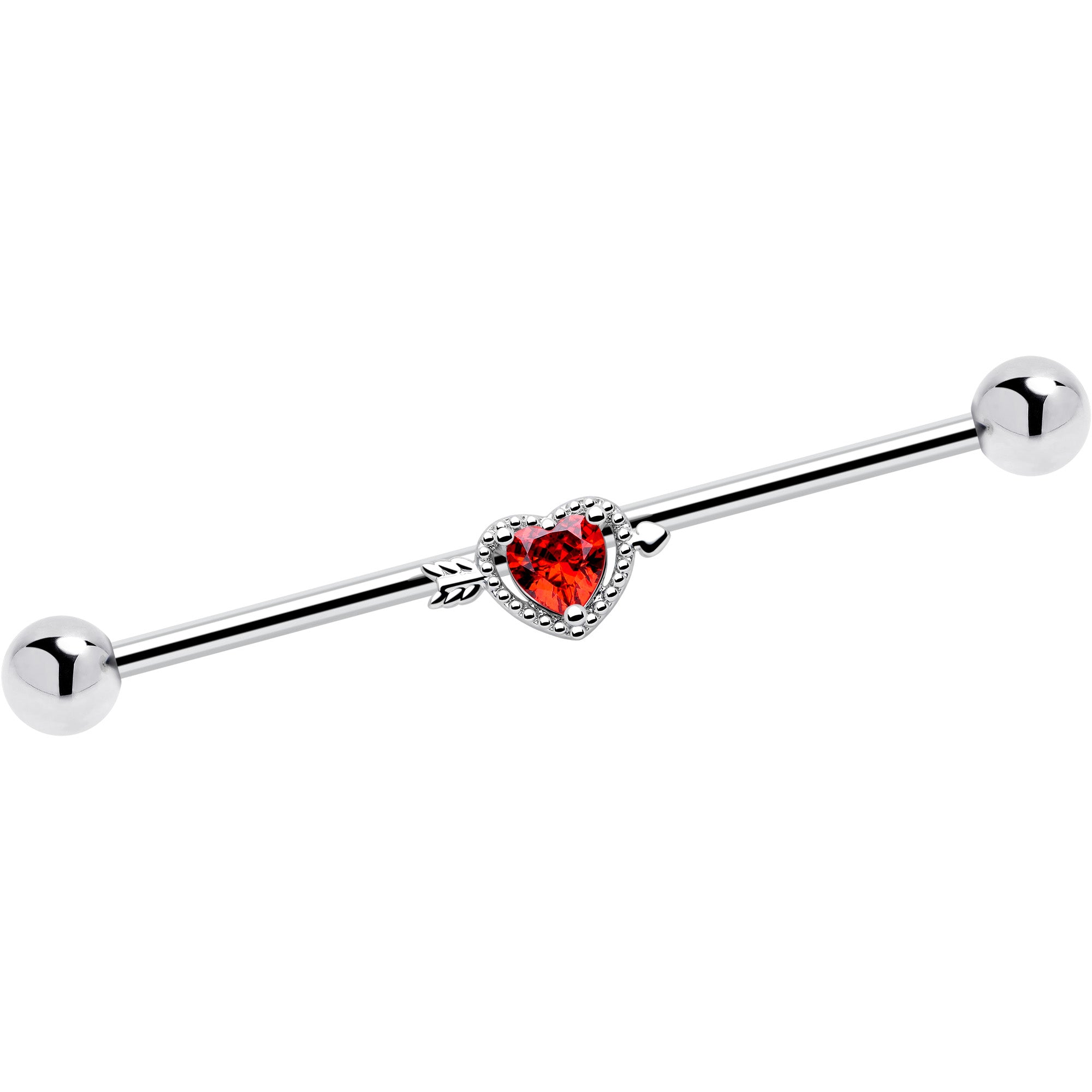 14G Red CZ Gem Fusion Of Love Heart Arrow Industrial Barbell 38mm