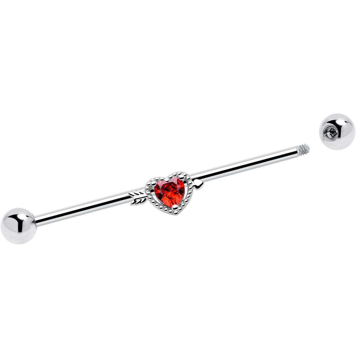 14G Red CZ Gem Fusion Of Love Heart Arrow Industrial Barbell 38mm