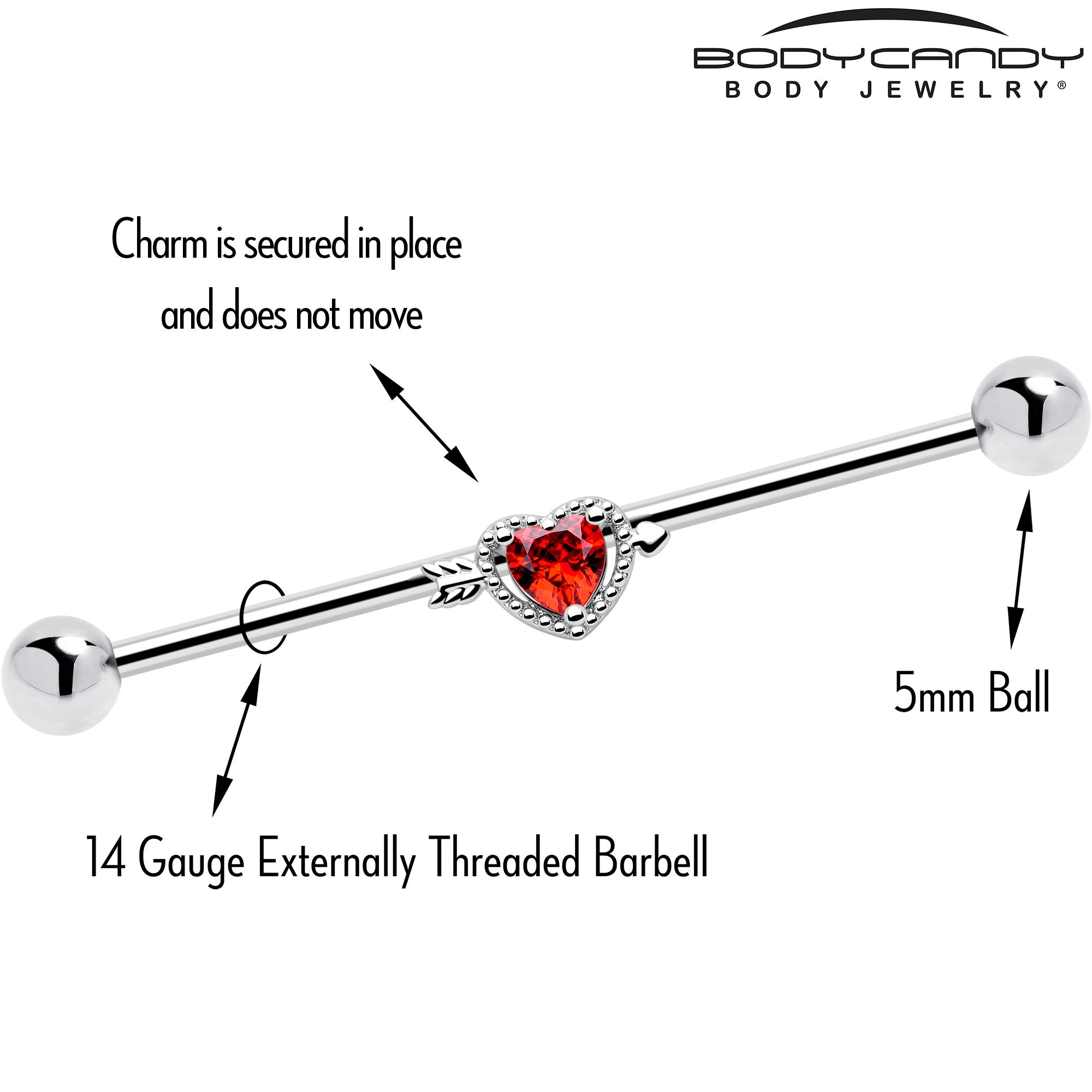 14G Red CZ Gem Fusion Of Love Heart Arrow Industrial Barbell 38mm