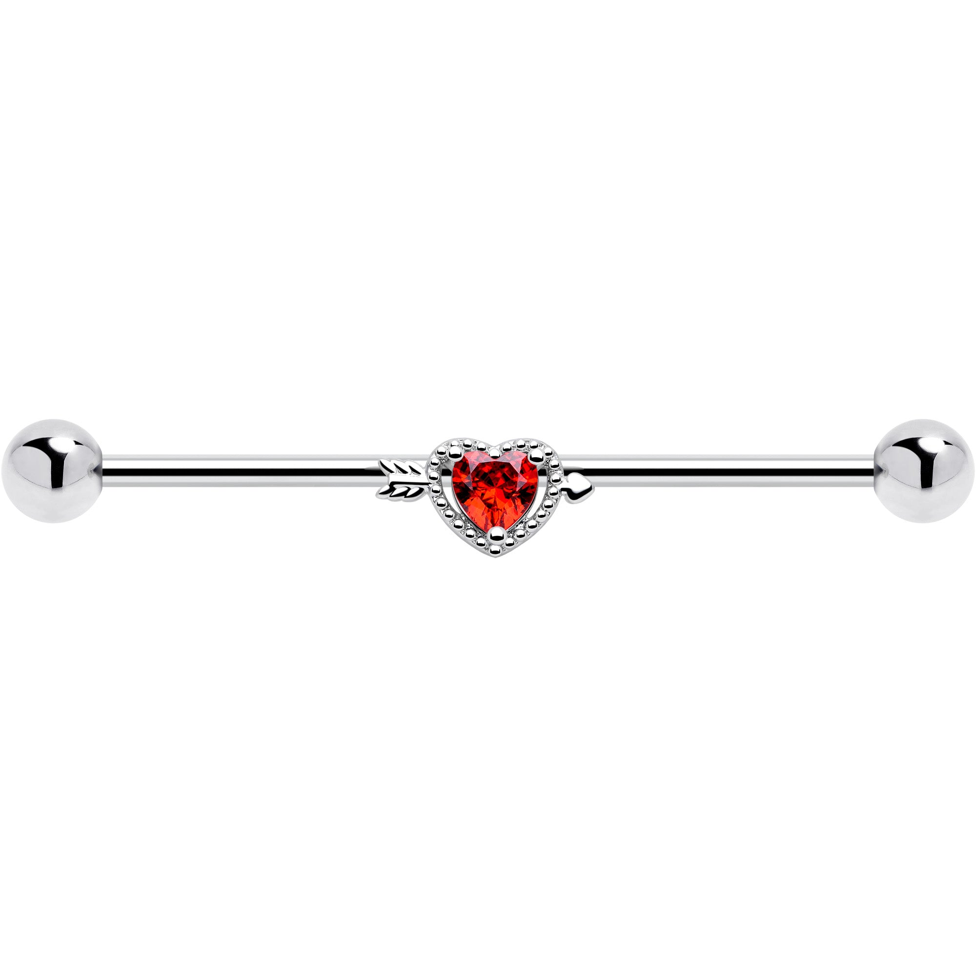 14G Red CZ Gem Fusion Of Love Heart Arrow Industrial Barbell 38mm