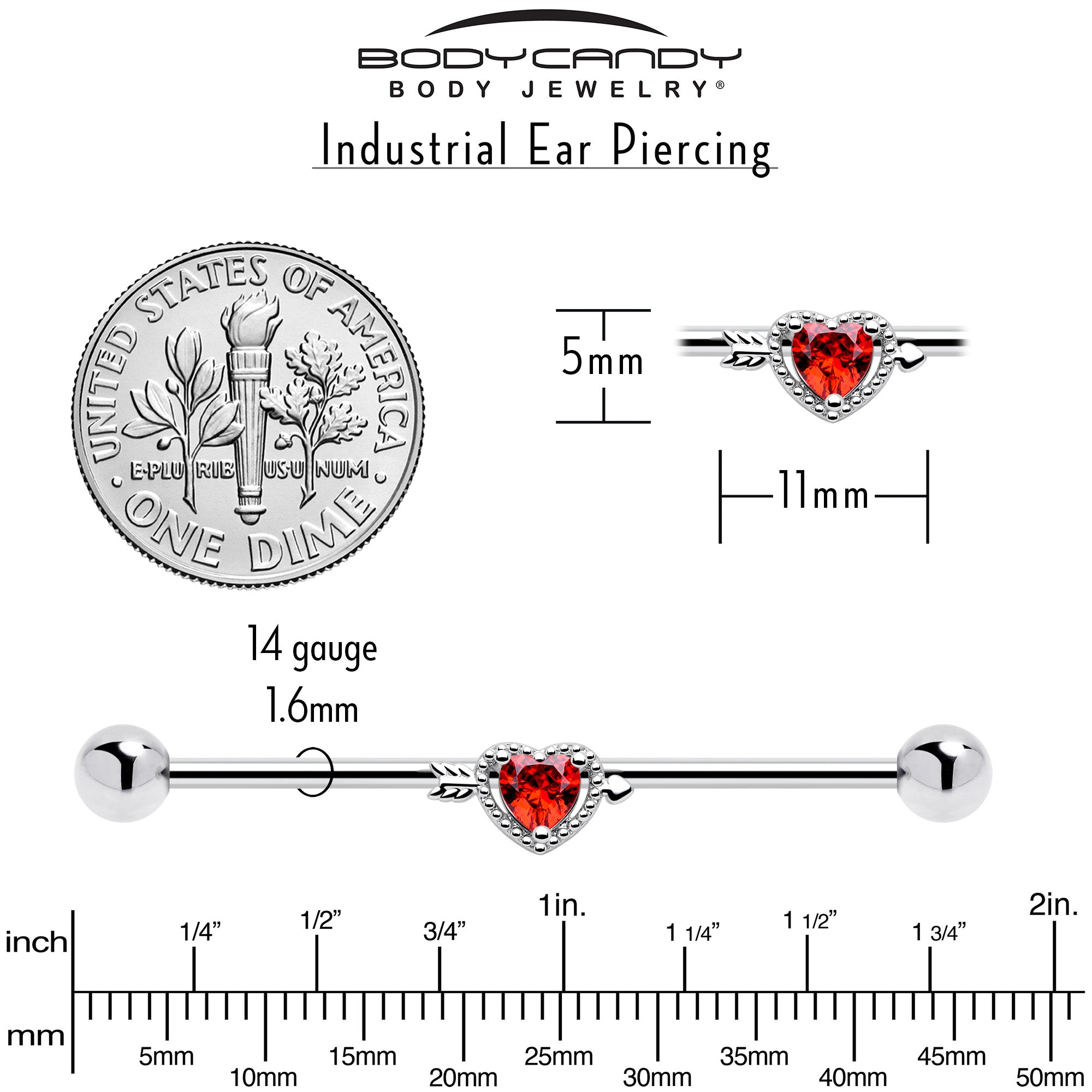 14G Red CZ Gem Fusion Of Love Heart Arrow Industrial Barbell 38mm