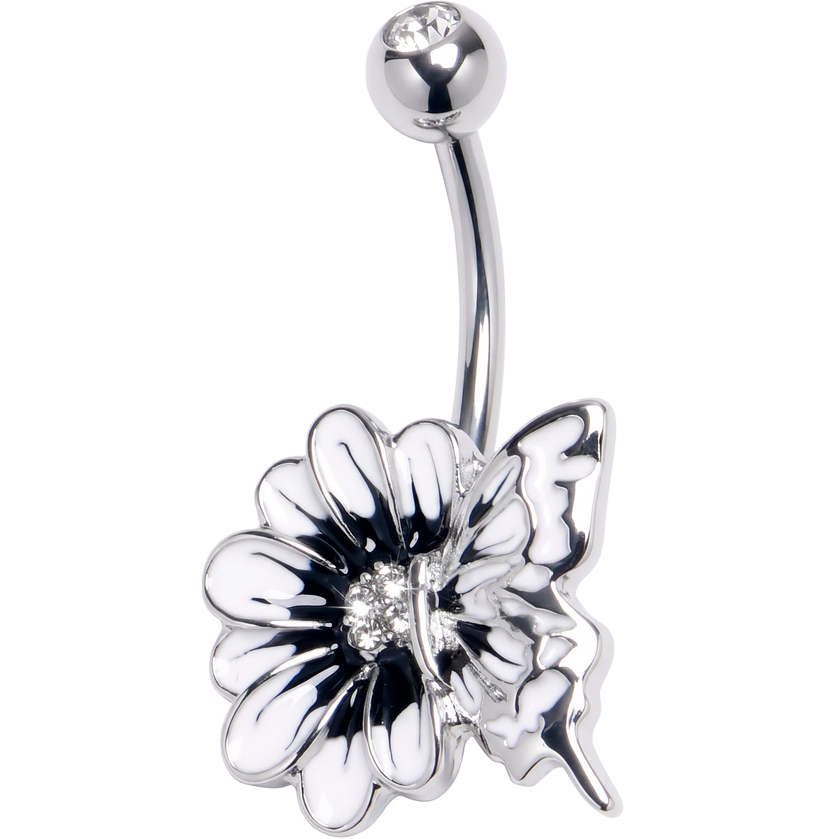 Clear Gem White Flower Butterfly Belly Ring