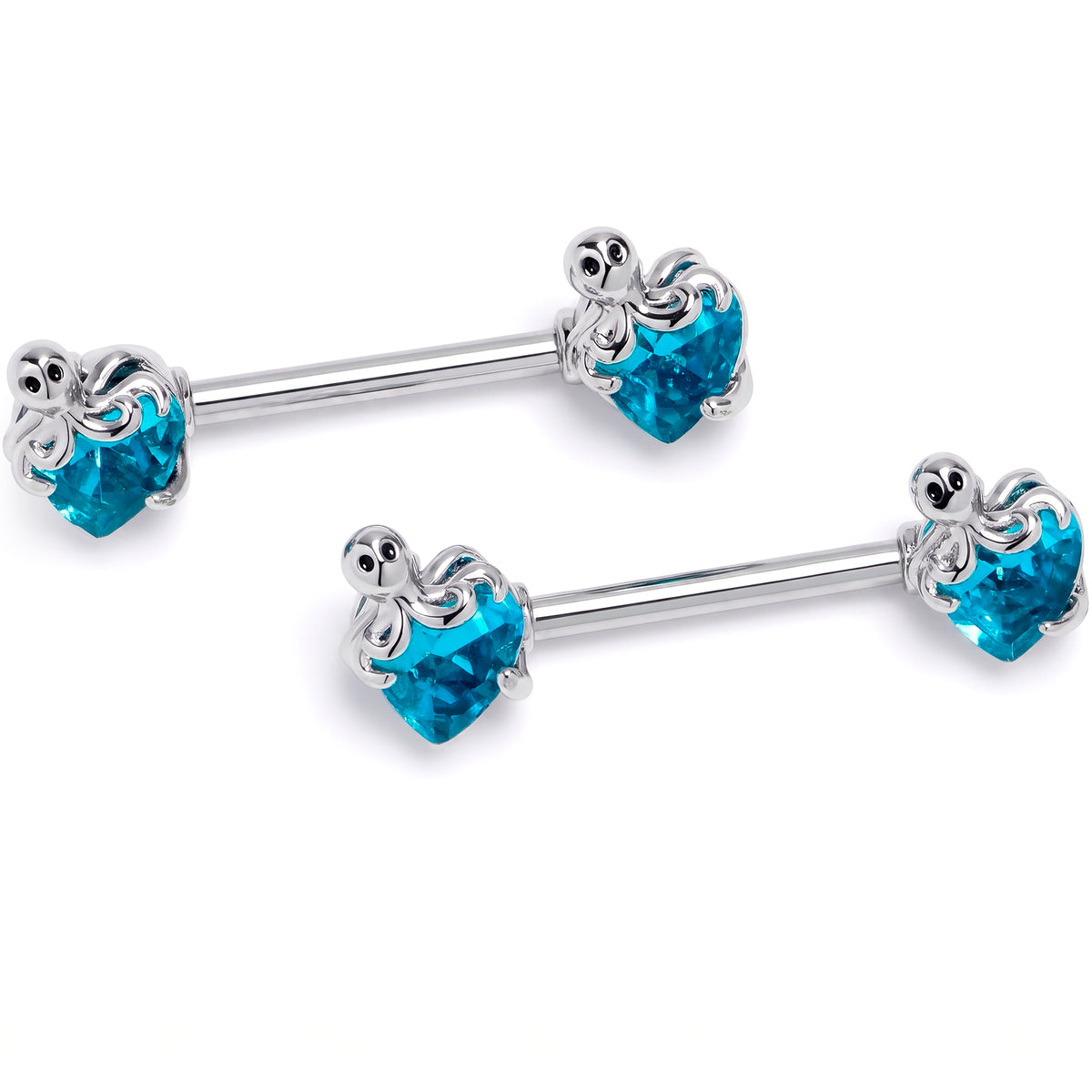 14G 9/16 Blue Gem Octopus Heart Barbell Nipple Ring Set